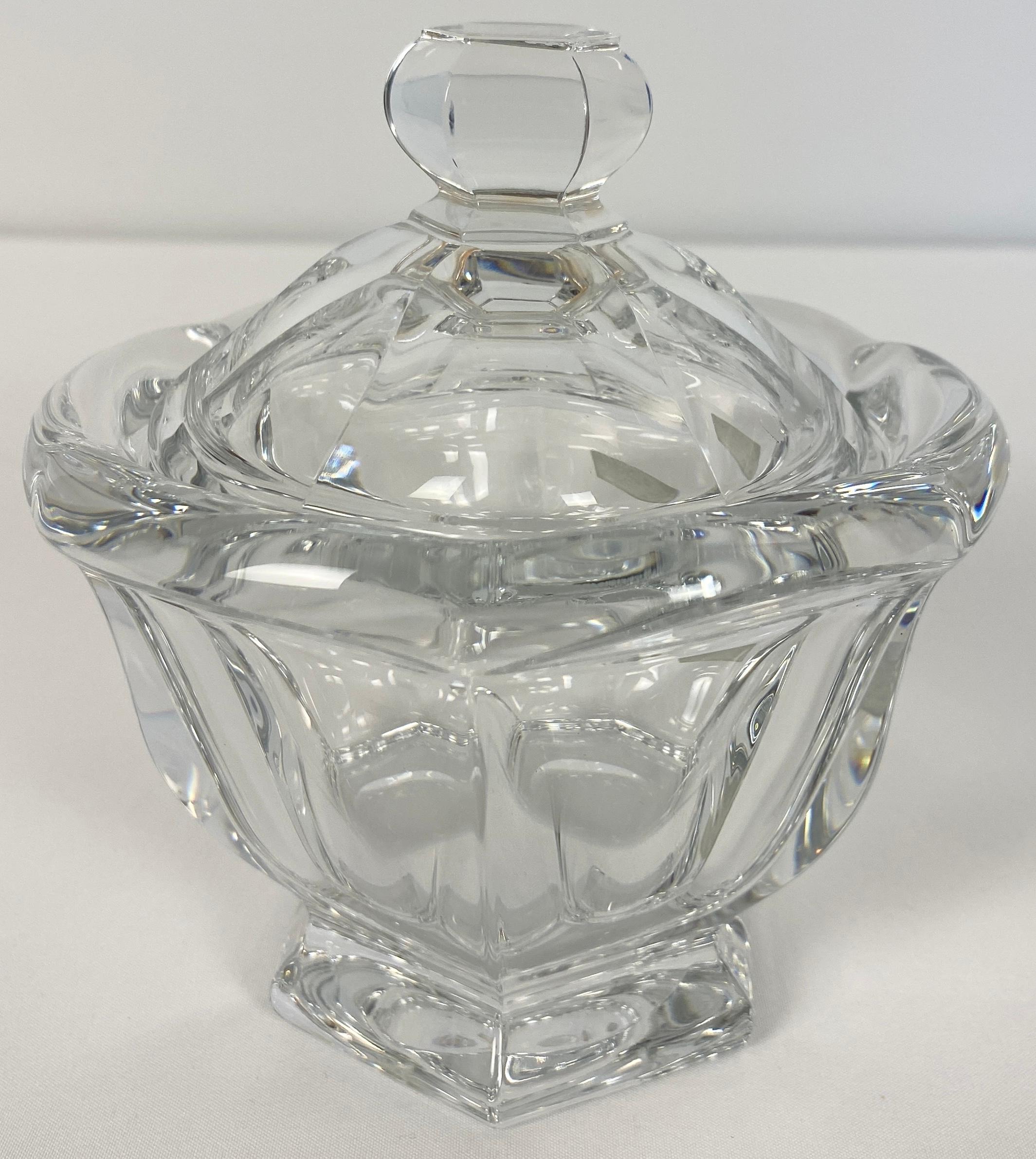 A very good quality Baccarat crystal lidded candy dish or mustard bowl.

This serving piece is in perfect condition, still has the original sticker. 
Measures: 5 1/4