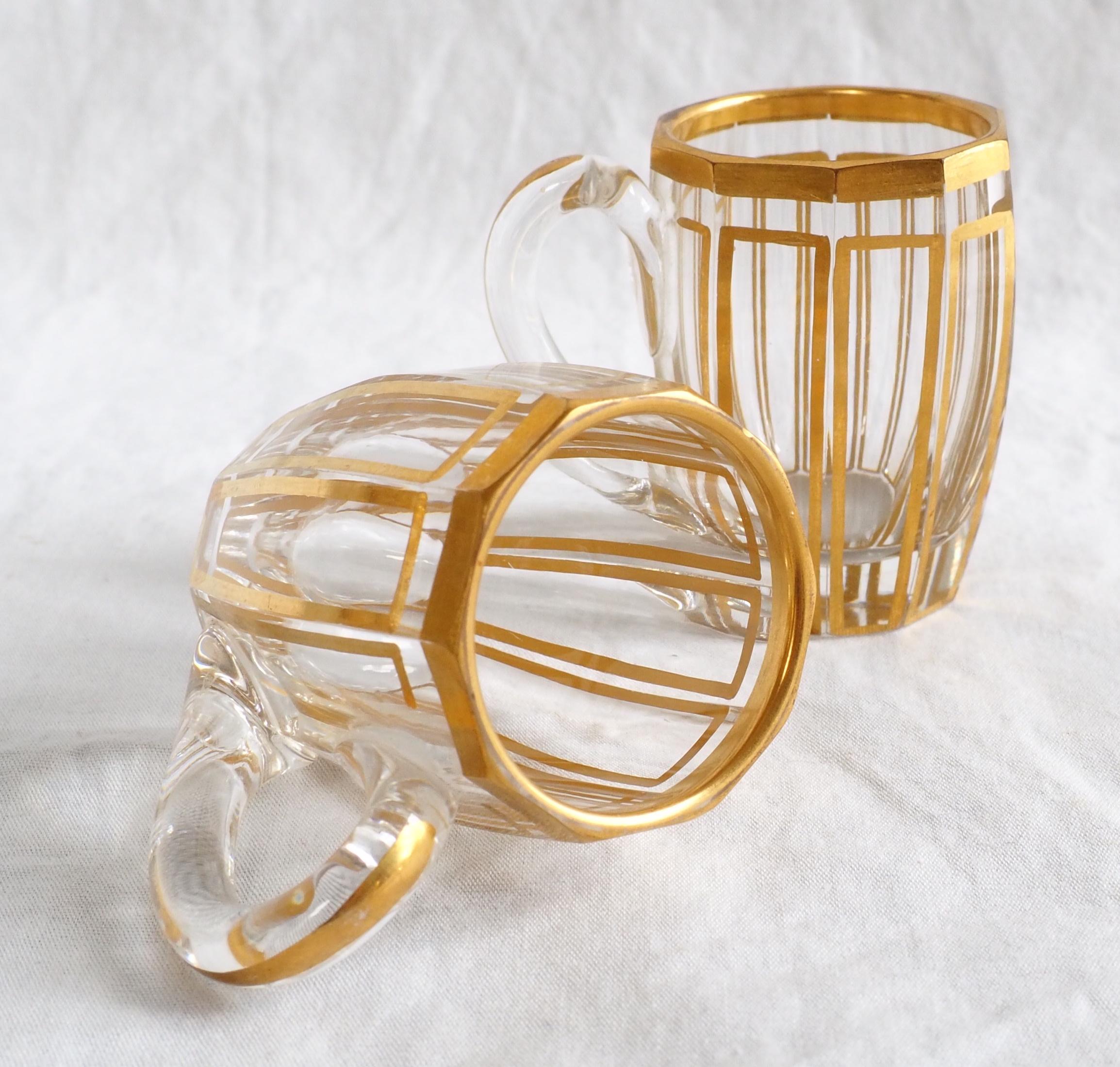 French Baccarat crystal liquor set : 1 decanter and 6 glasses - cannelures gold