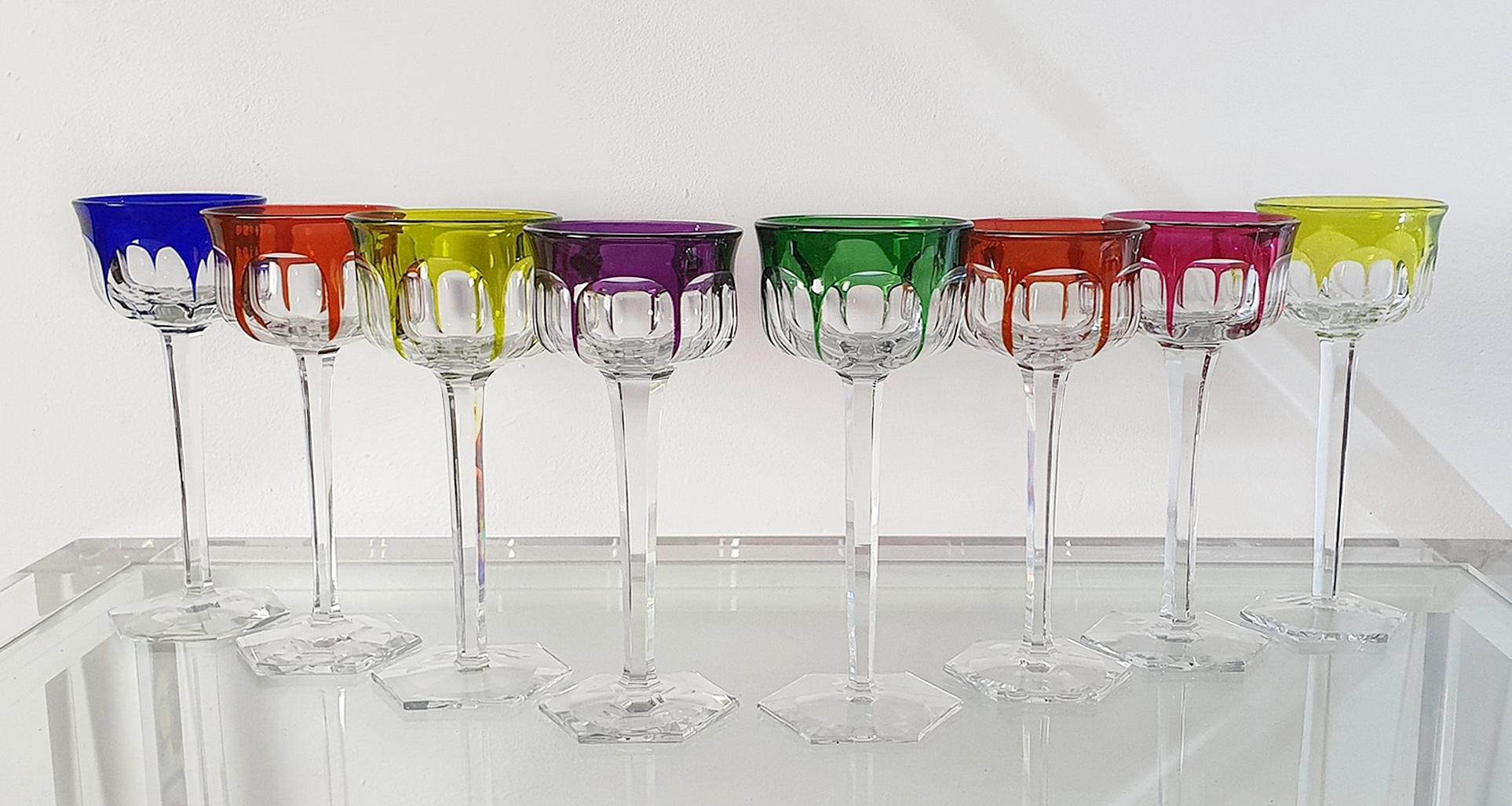 A wonderful vintage set of 8 Rhine wine glasses model Malmaison by Baccarat, France. Marked Baccarat, France in the bottom. No chipping or damage.

Pure, powerful and elegant at the same time, set on its hexagonal base, the most famous of the