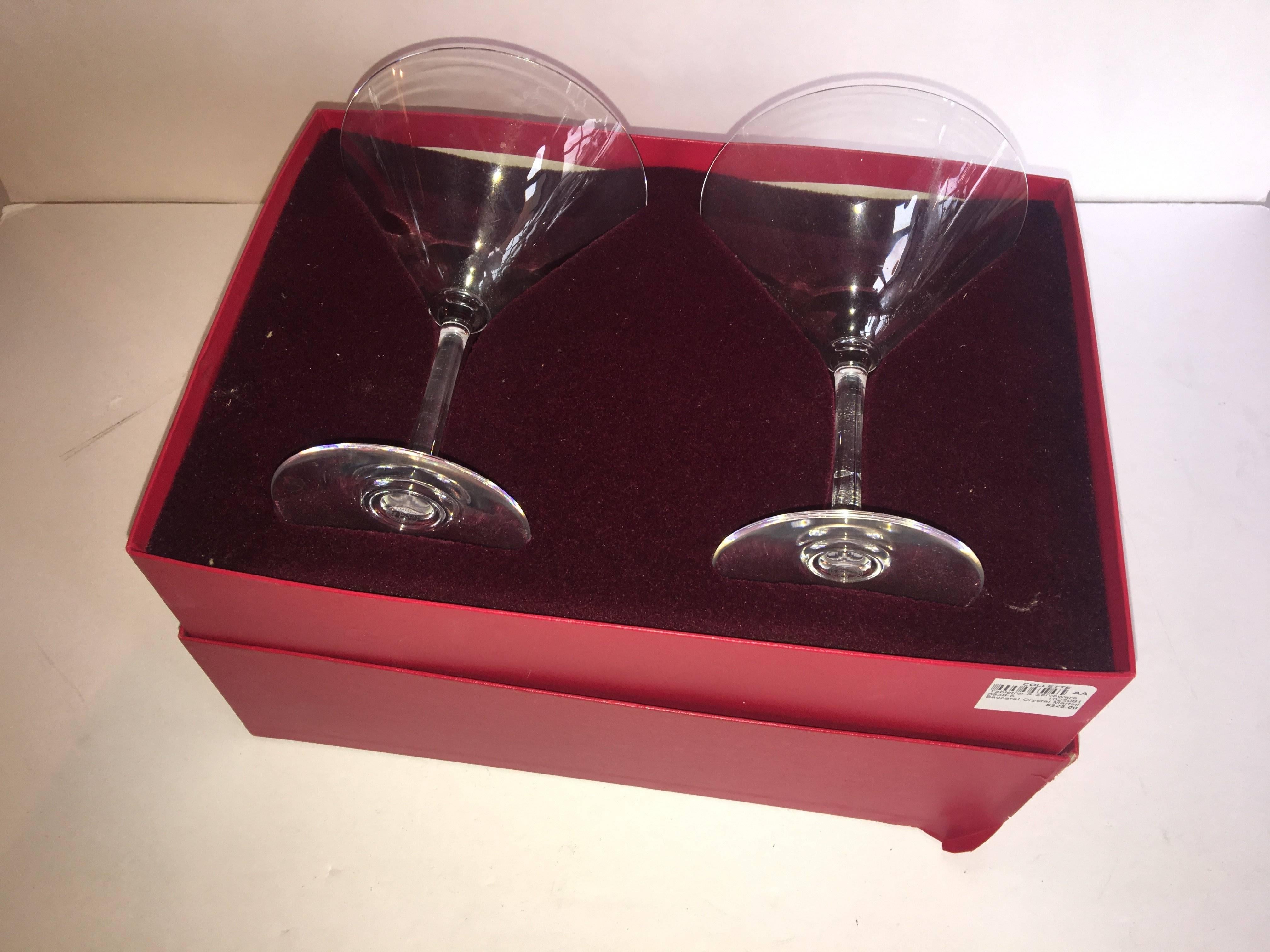 Vintage Baccarat crystal martini glasses in original box.