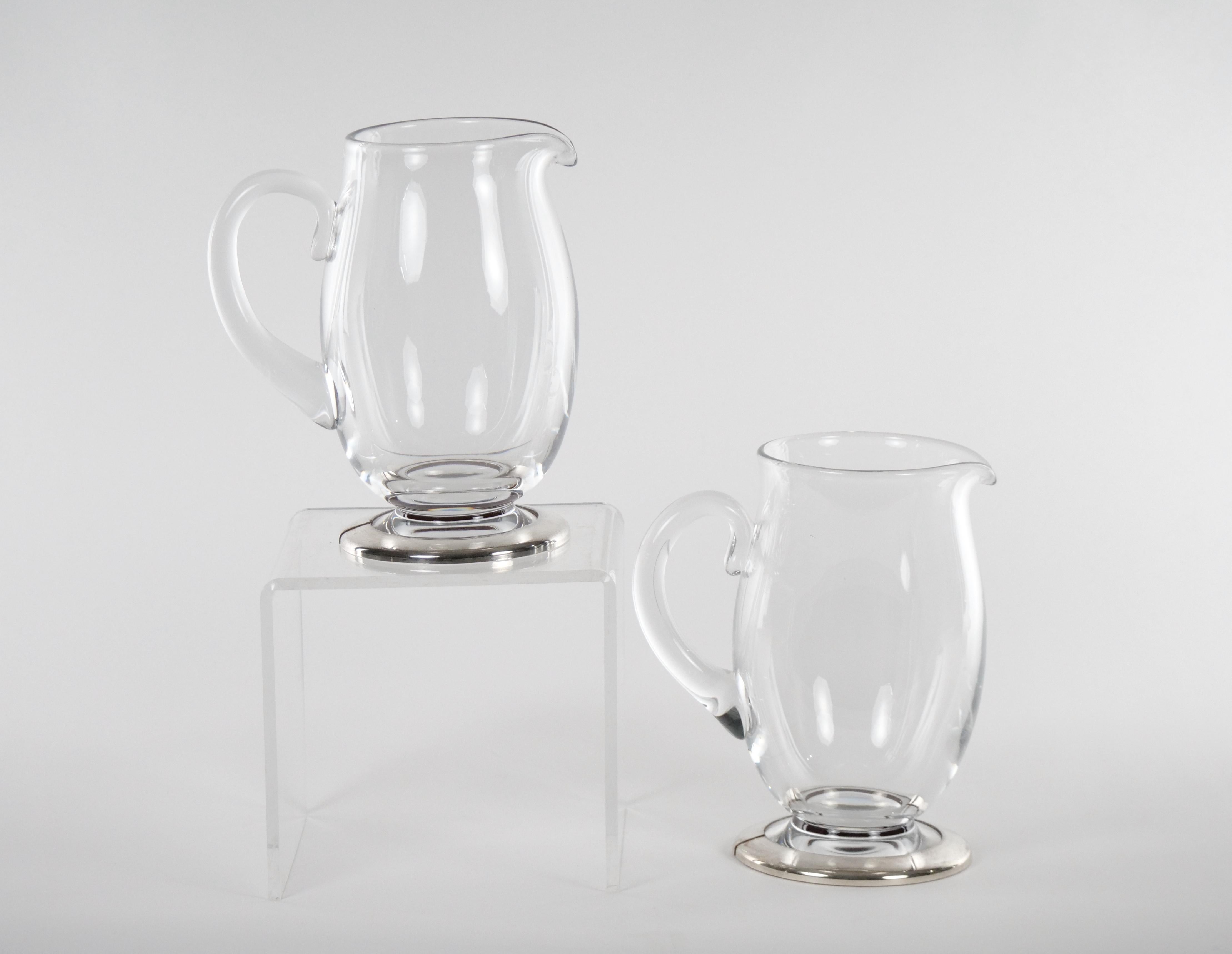 Baccarat Crystal / Silver Base Art Deco Style Pair Water Pitcher In Good Condition For Sale In Tarry Town, NY