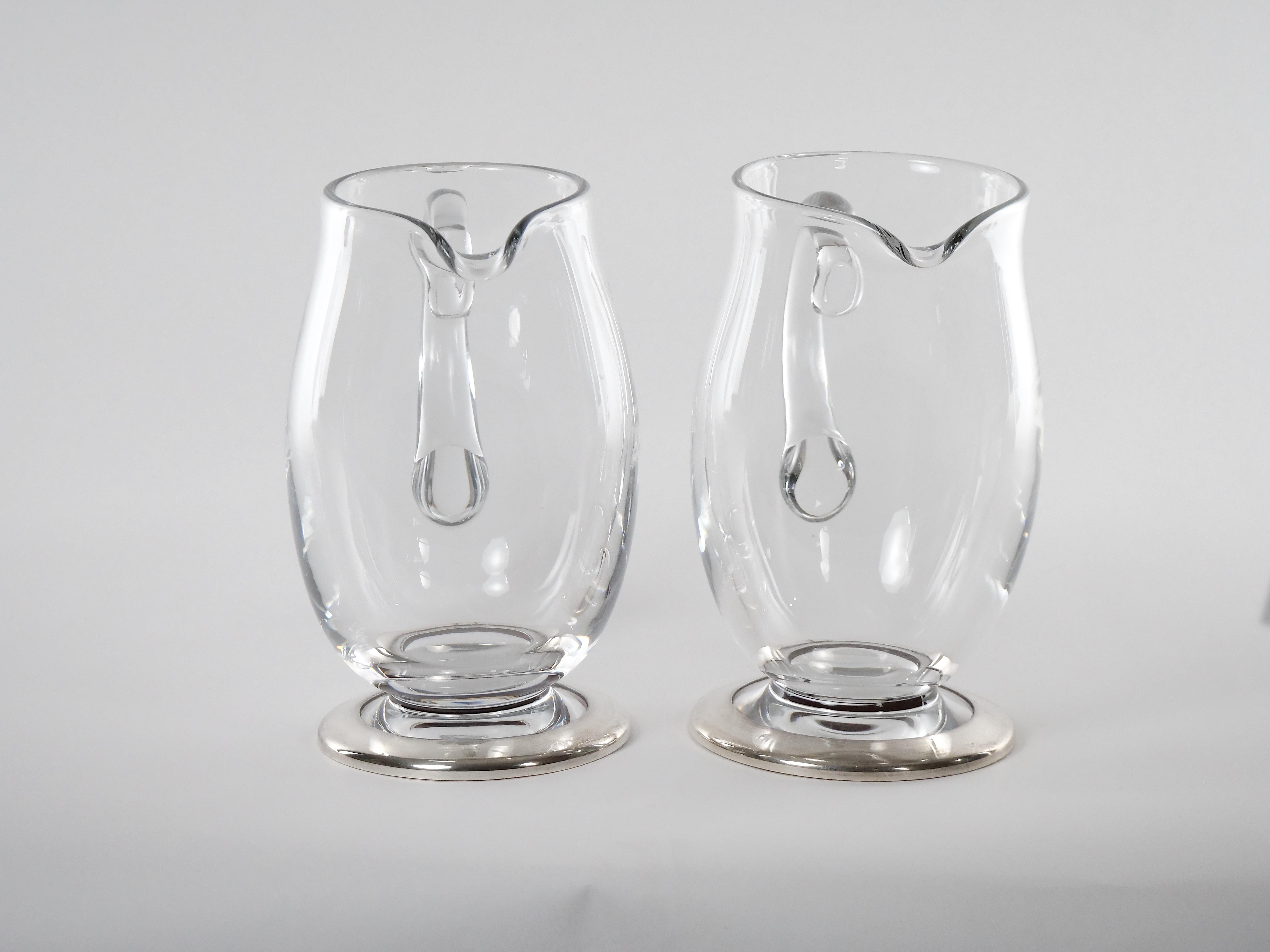 20th Century Baccarat Crystal / Silver Base Art Deco Style Pair Water Pitcher For Sale