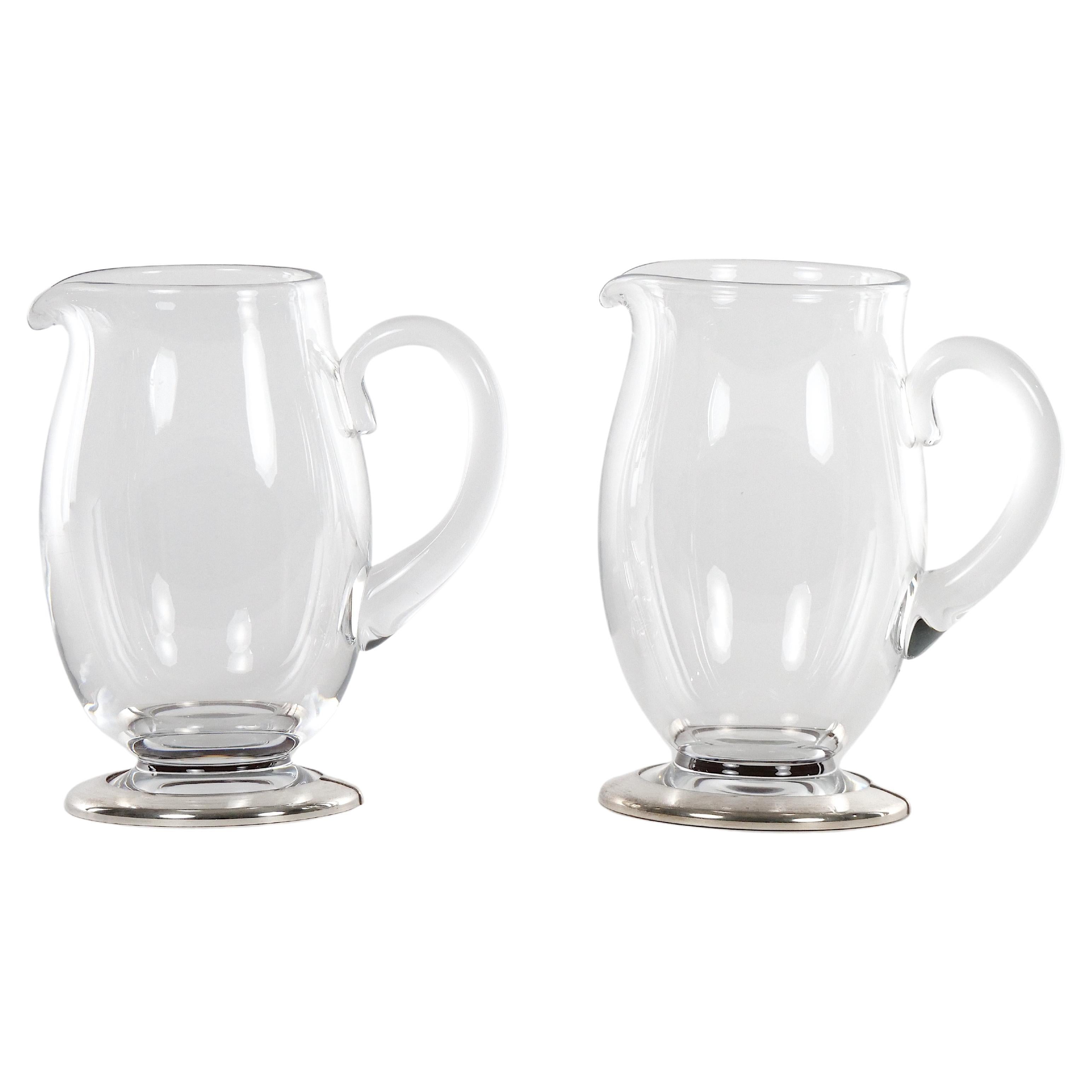 Baccarat Crystal / Silver Base Art Deco Style Pair Water Pitcher For Sale