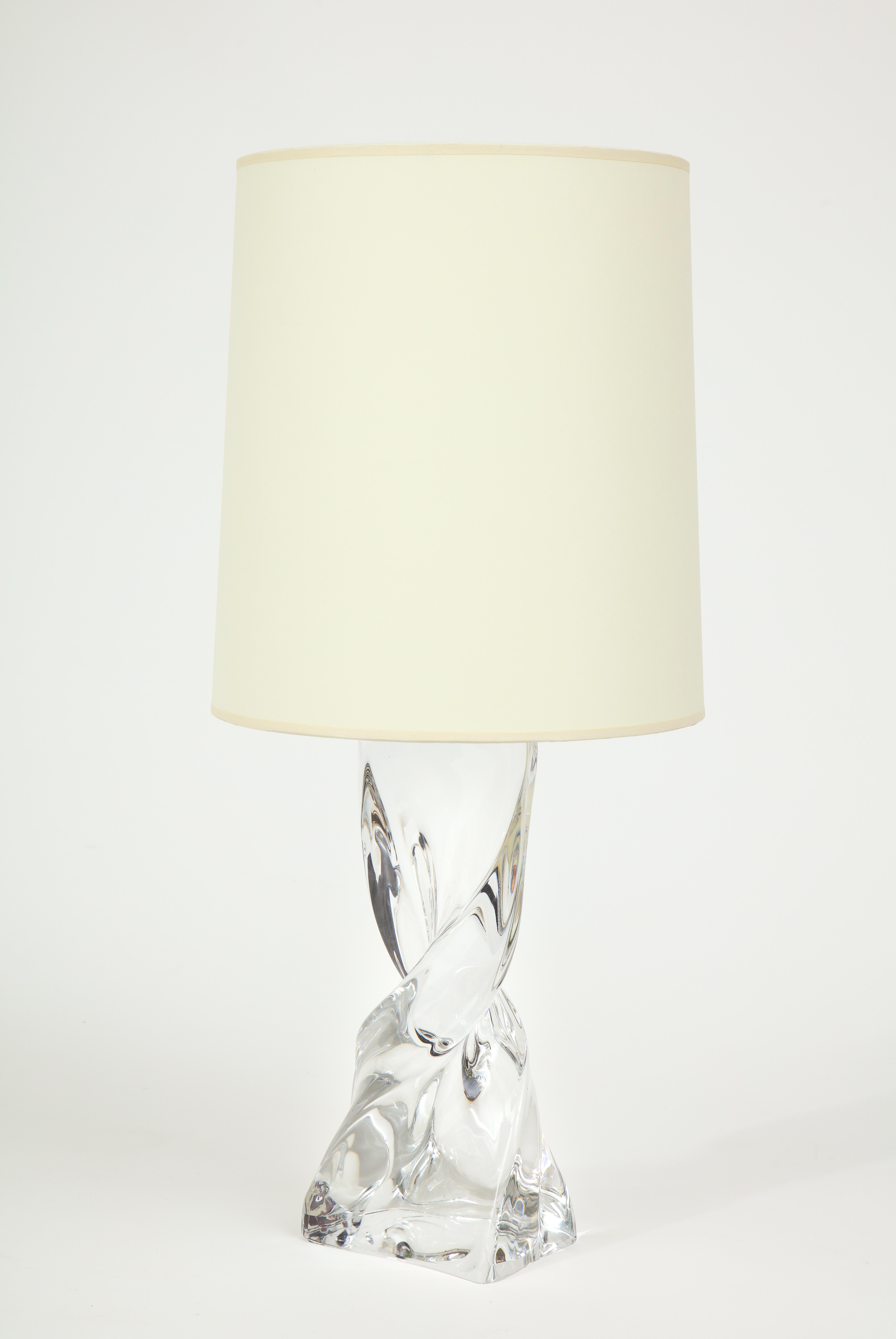 Baccarat crystal table lamp

Beautiful Baccarat crystal lamp. This is a heavy piece and exceptional in it's workmanship. Imported from France. Believed to have been made in the 1980s. Shade not included
Lamp is 10 inches to top of crystal and 20