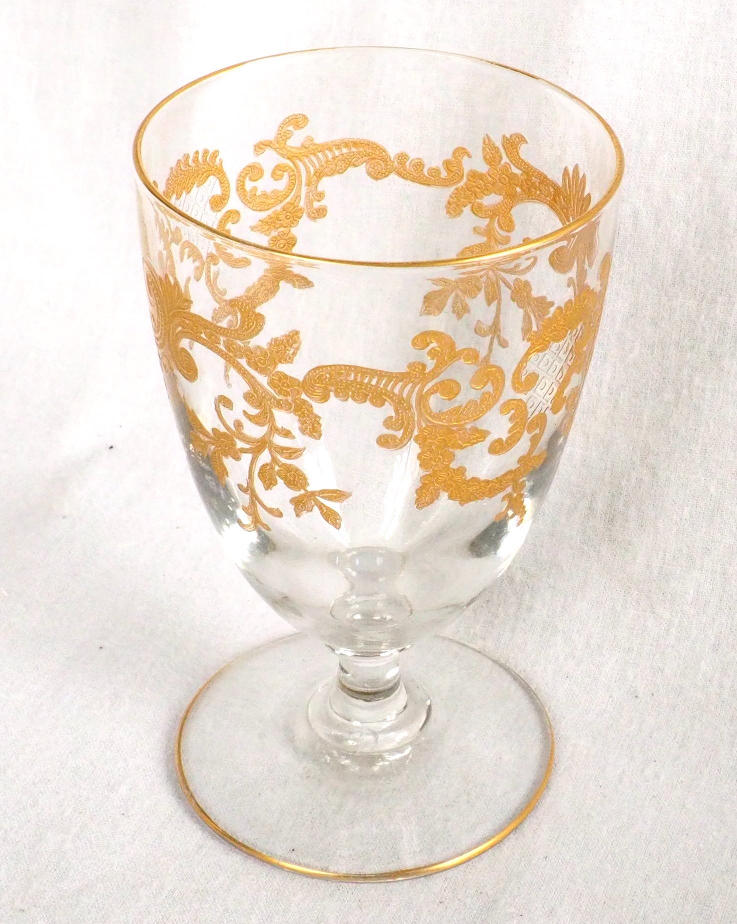Rococo Baccarat Crystal water glass, Clear Crystal enhanced with fine gold For Sale