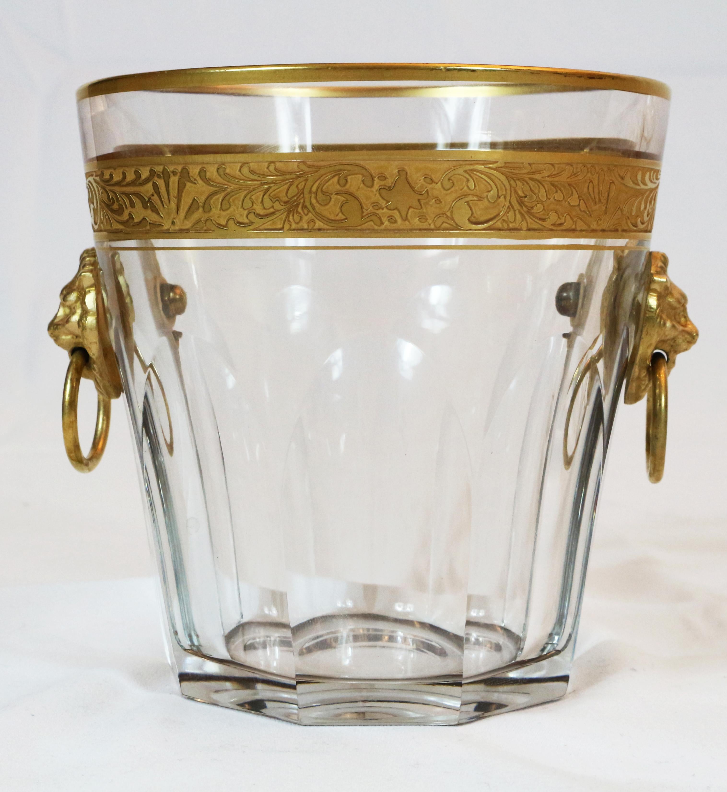 French Baccarat Cut Crystal Ice Bucket with Gold Gilded Lions