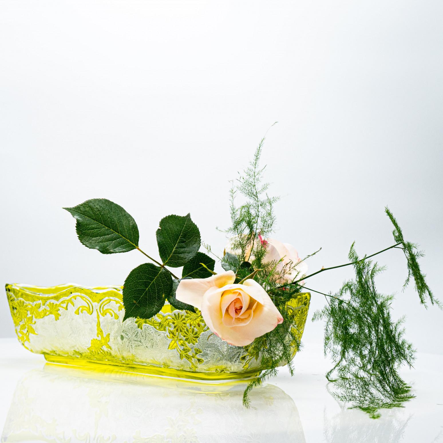 Die ikonischen Produkte von Baccarat, die seit 170 Jahren die Wirkung des gebrochenen Lichts verherrlichen, sind in der ganzen Welt bekannt.

Eine große Art Nouveau Baccarat Egelantier und Blatt-Muster gelb Säure geätzt Schale mit Messing-Fuß.