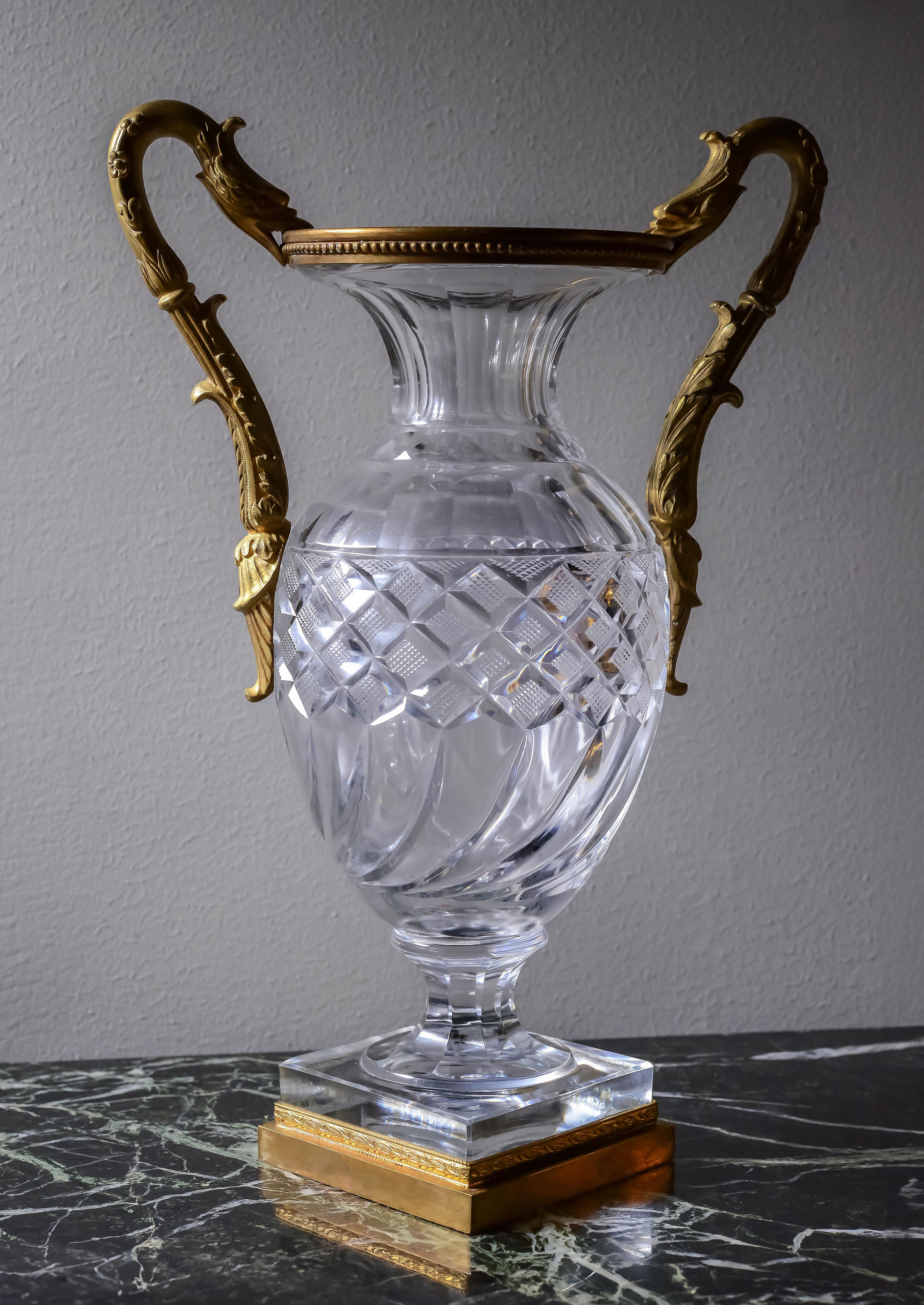 Baccarat Empire Cut Crystal Glass Vases w Gilt Bronze Griffon Heads 19th century For Sale 4