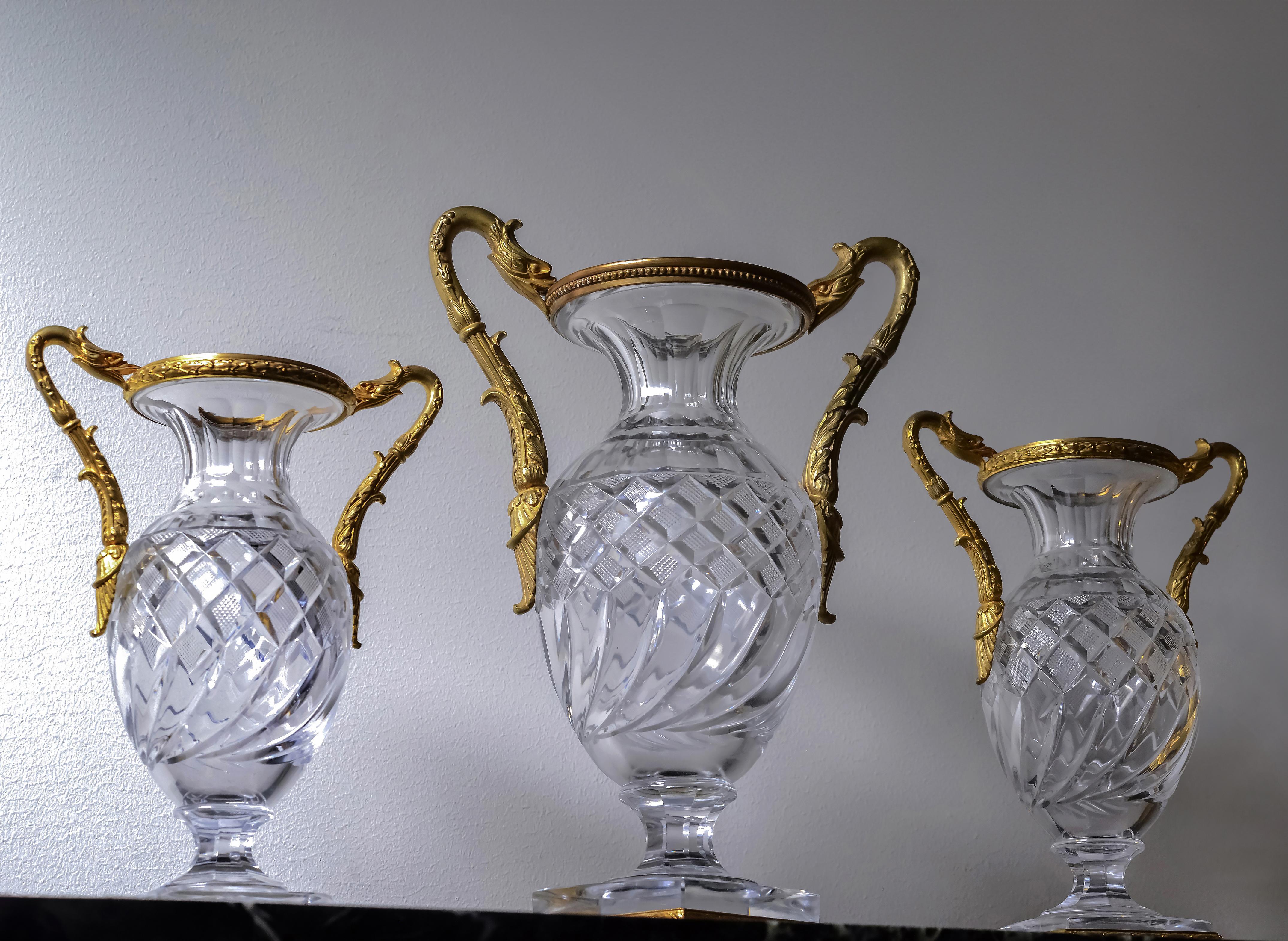 Carved Baccarat Empire Cut Crystal Glass Vases w Gilt Bronze Griffon Heads 19th century For Sale