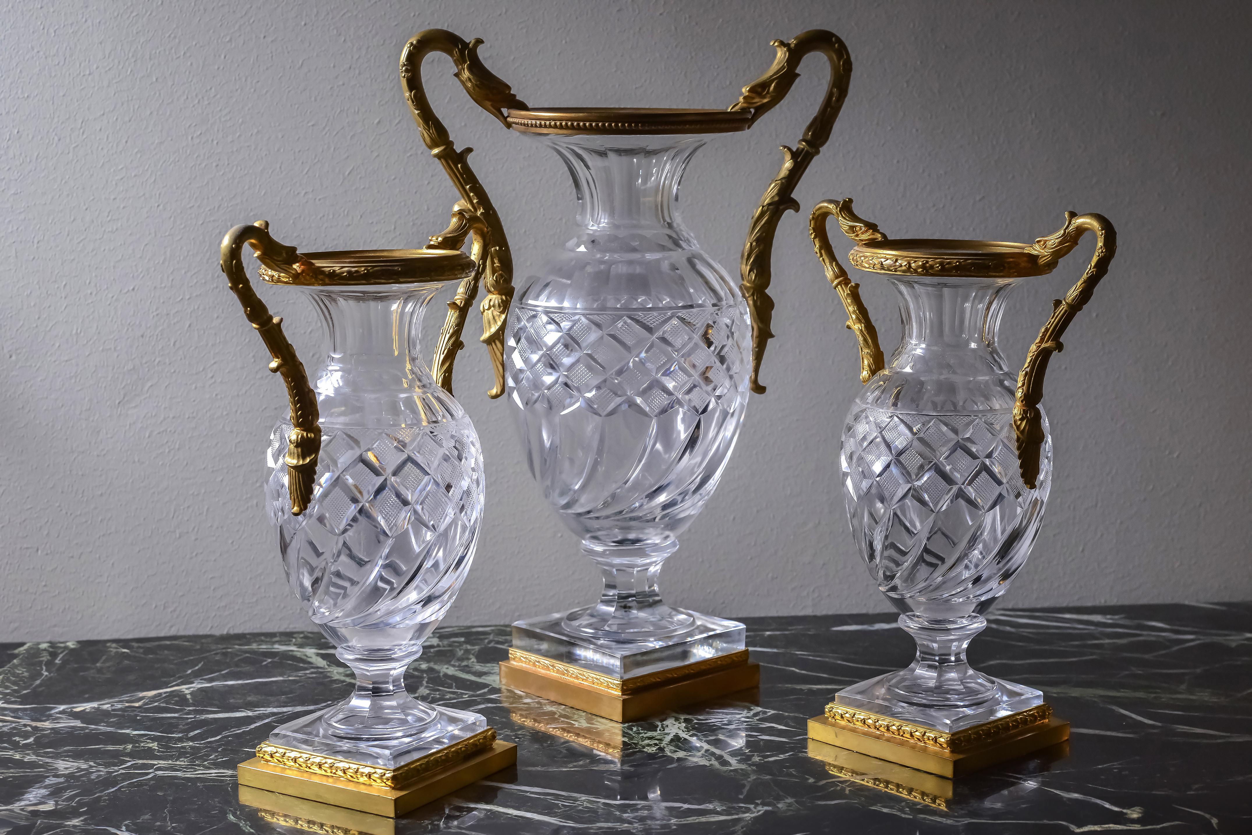 19th Century Baccarat Empire Cut Crystal Glass Vases w Gilt Bronze Griffon Heads 19th century For Sale
