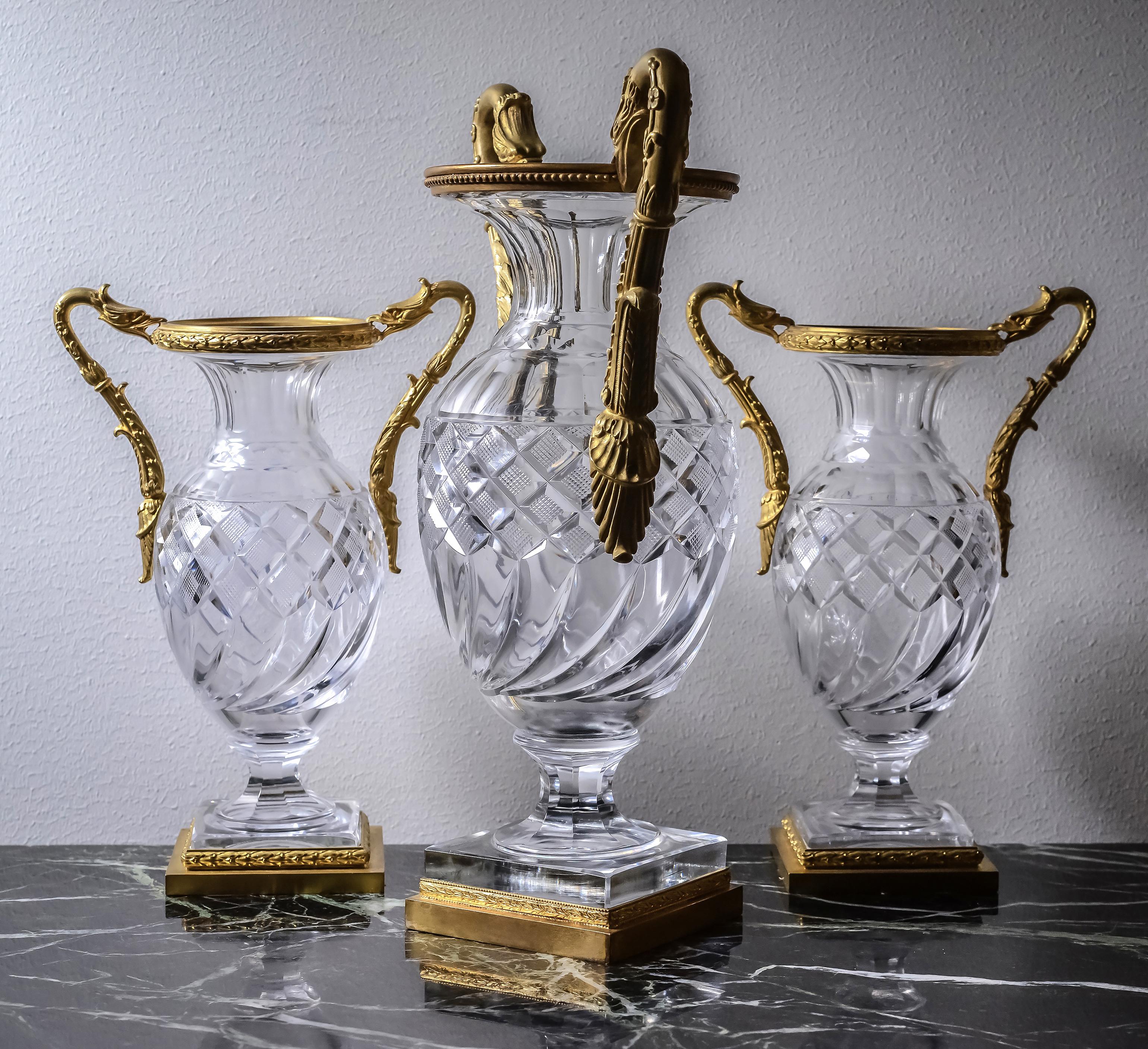 Gold Plate Baccarat Empire Cut Crystal Glass Vases w Gilt Bronze Griffon Heads 19th century For Sale