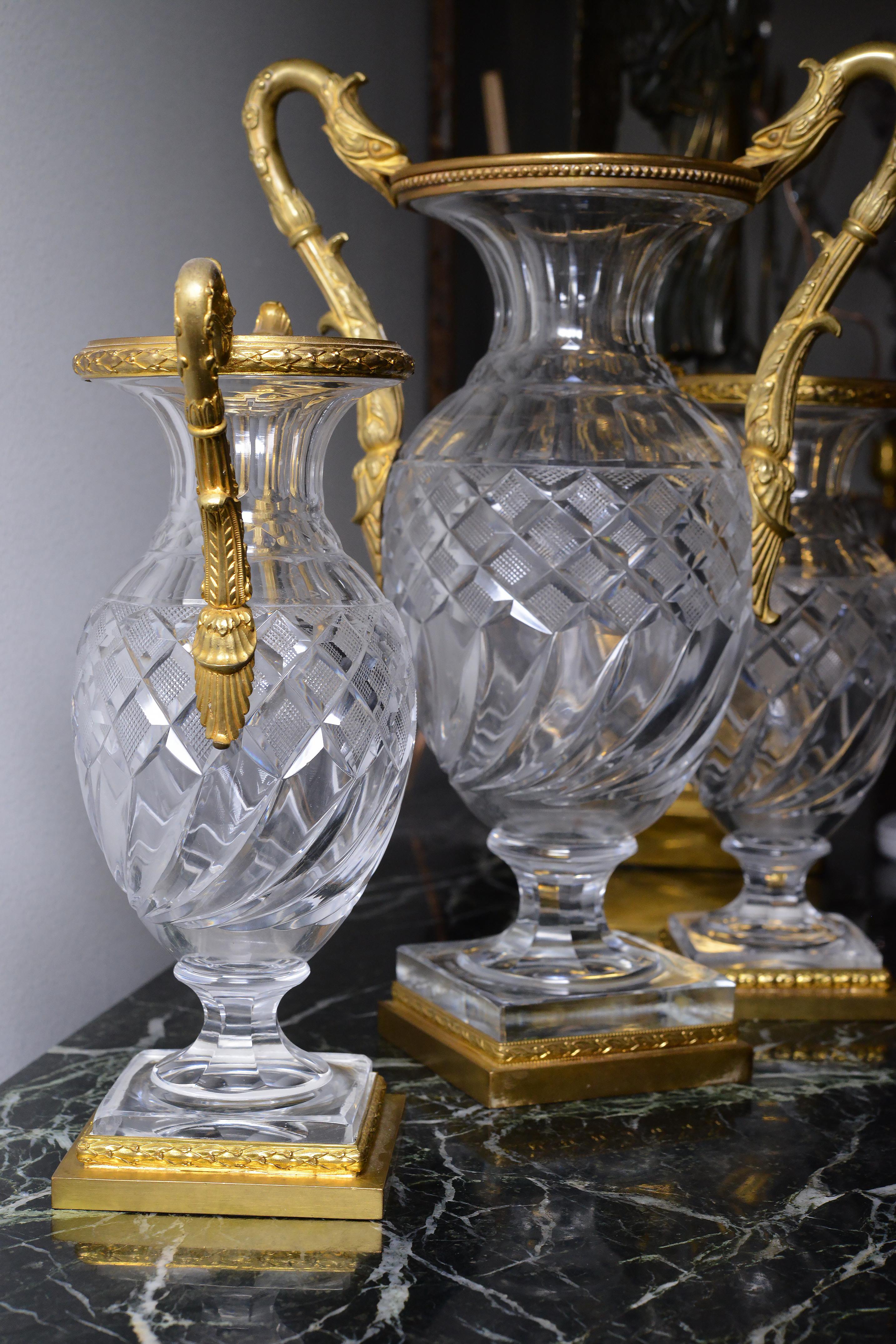 Baccarat Empire Cut Crystal Glass Vases w Gilt Bronze Griffon Heads 19th century For Sale 2