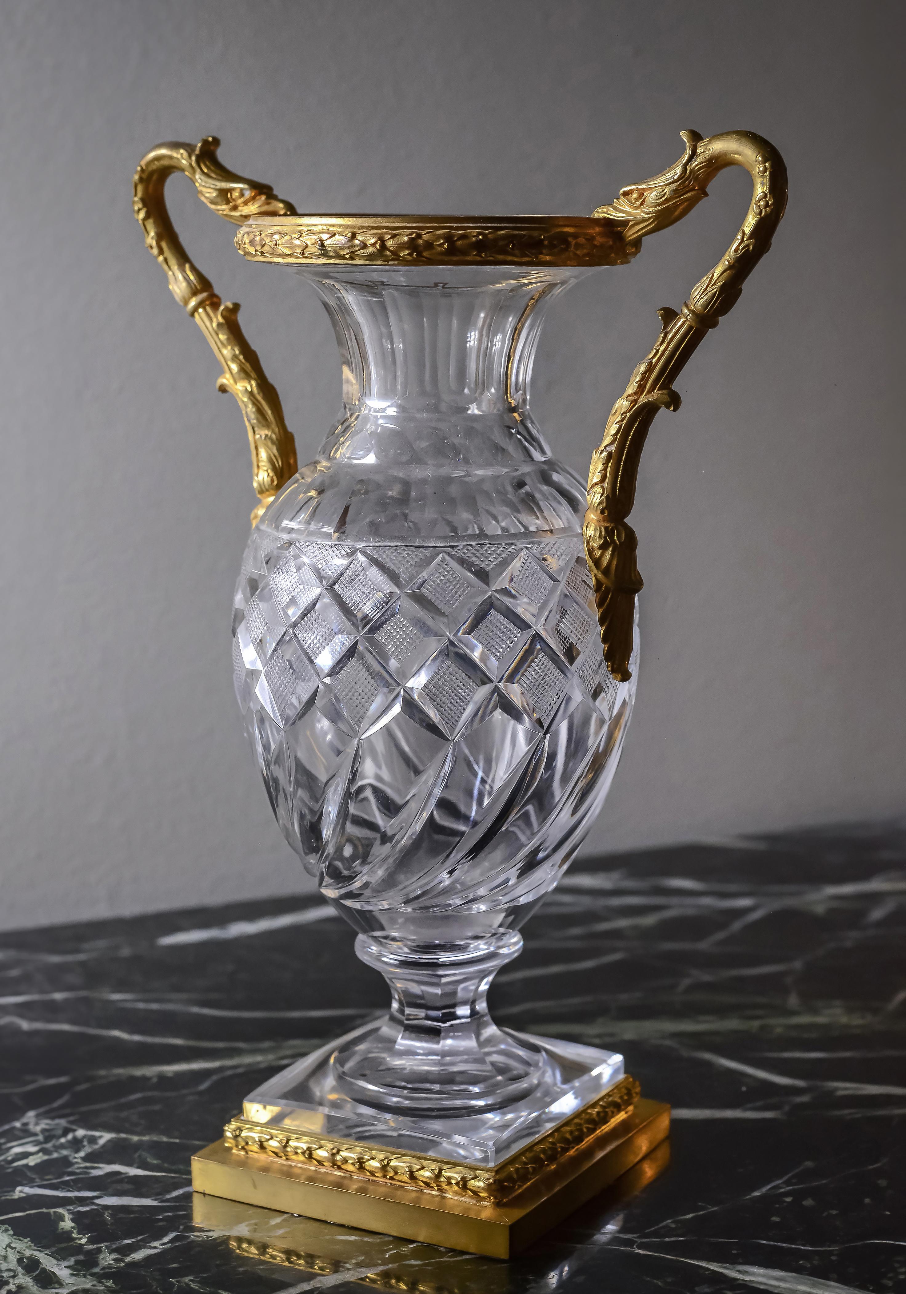 Baccarat Empire Cut Crystal Glass Vases w Gilt Bronze Griffon Heads 19th century For Sale 3