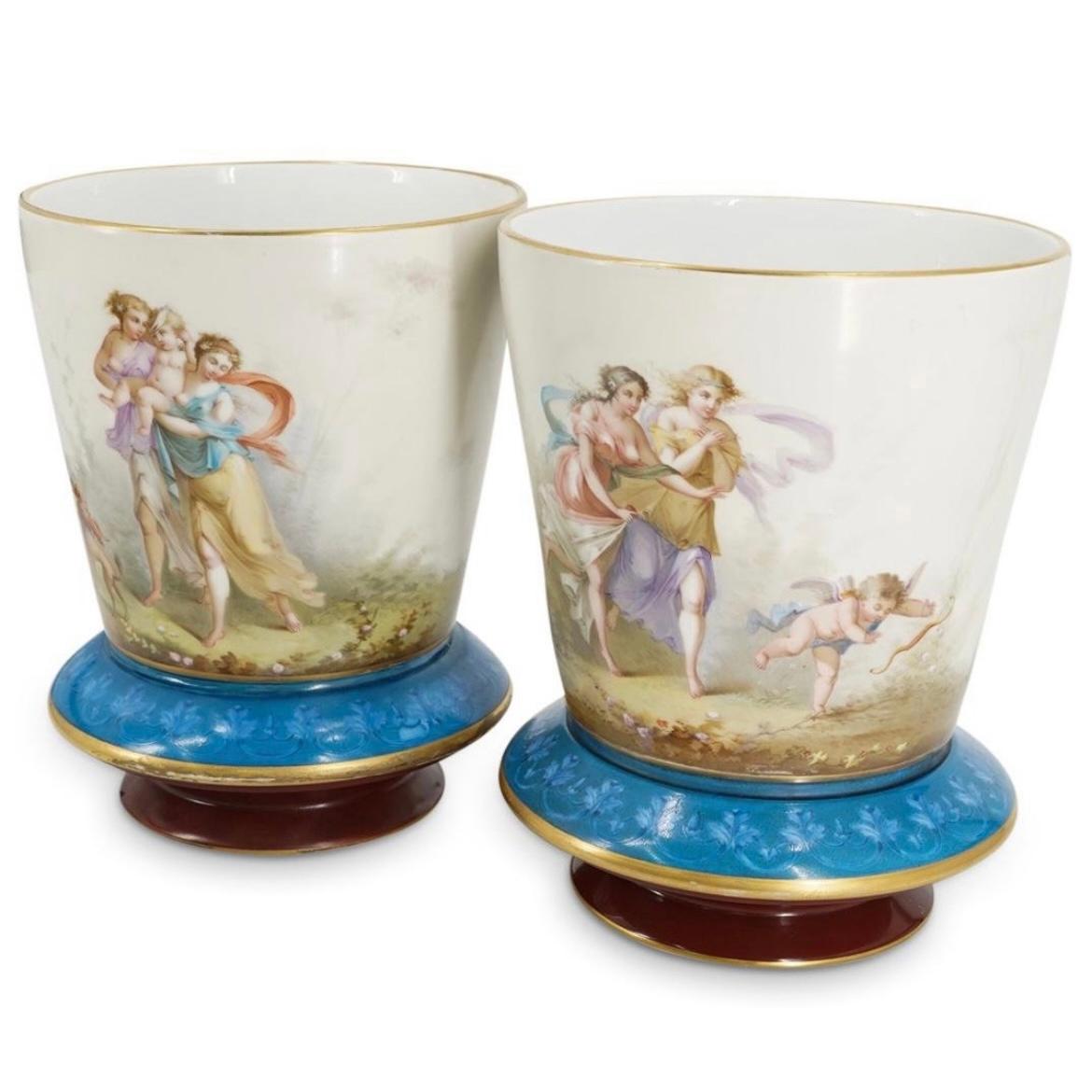 Neoclassical Revival Baccarat Enameled Opaline Glass Jardinieres Cachepots / Vases For Sale