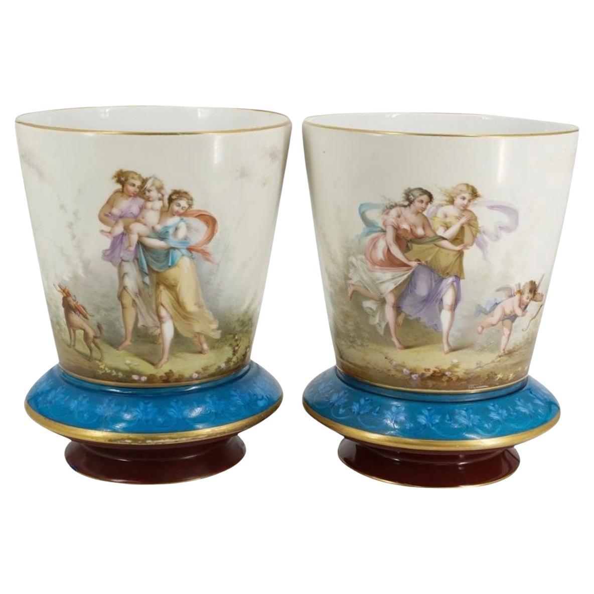 Baccarat Enameled Opaline Glass Jardinieres Cachepots / Vases For Sale