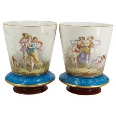 Antique Baccarat Enameled Opaline Glass Jardinieres Cachepots / Vases