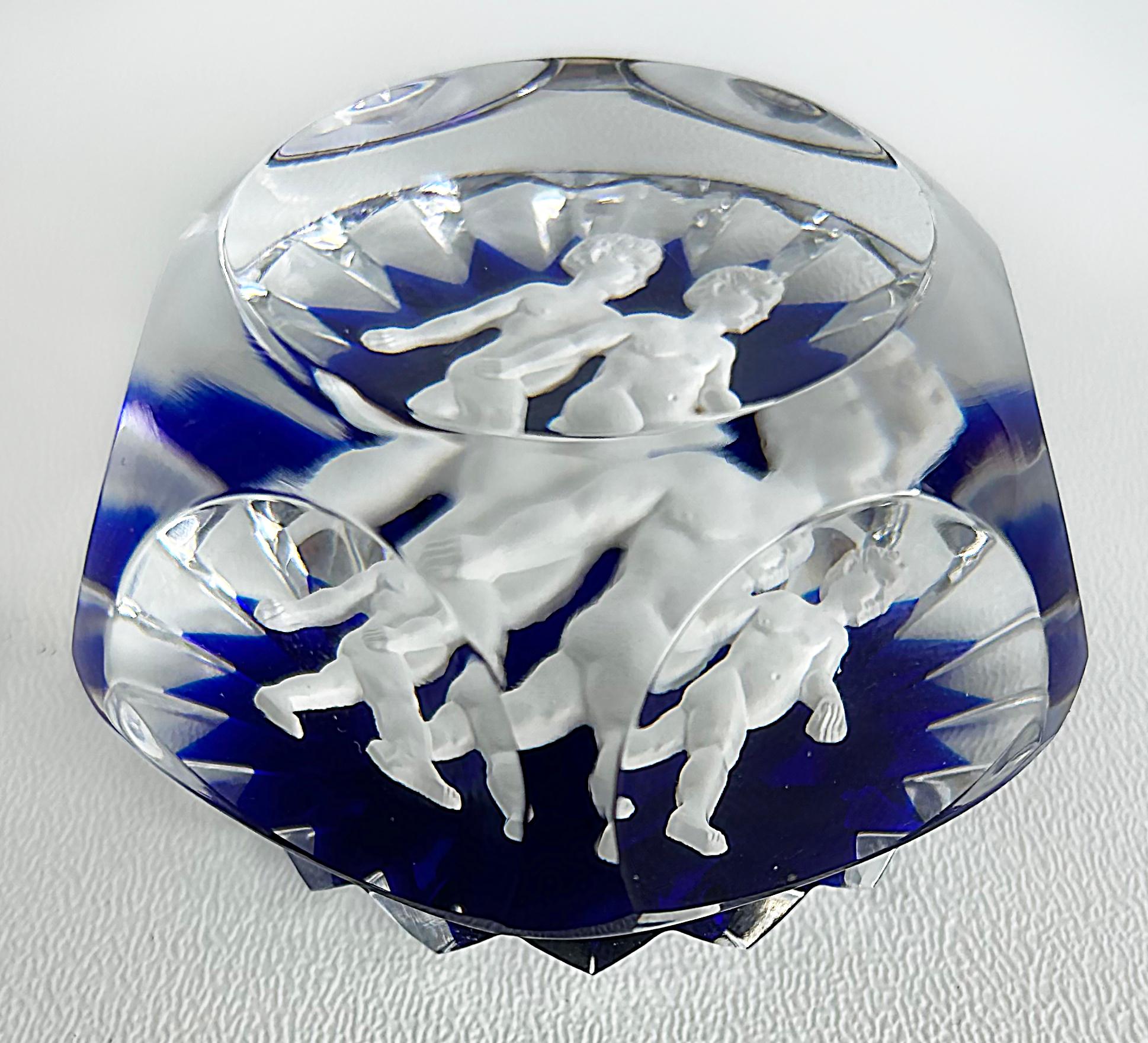 Crystal Baccarat Faceted Cobalt Sulphide Gemini Twins Paperweight, Cobalt, France For Sale