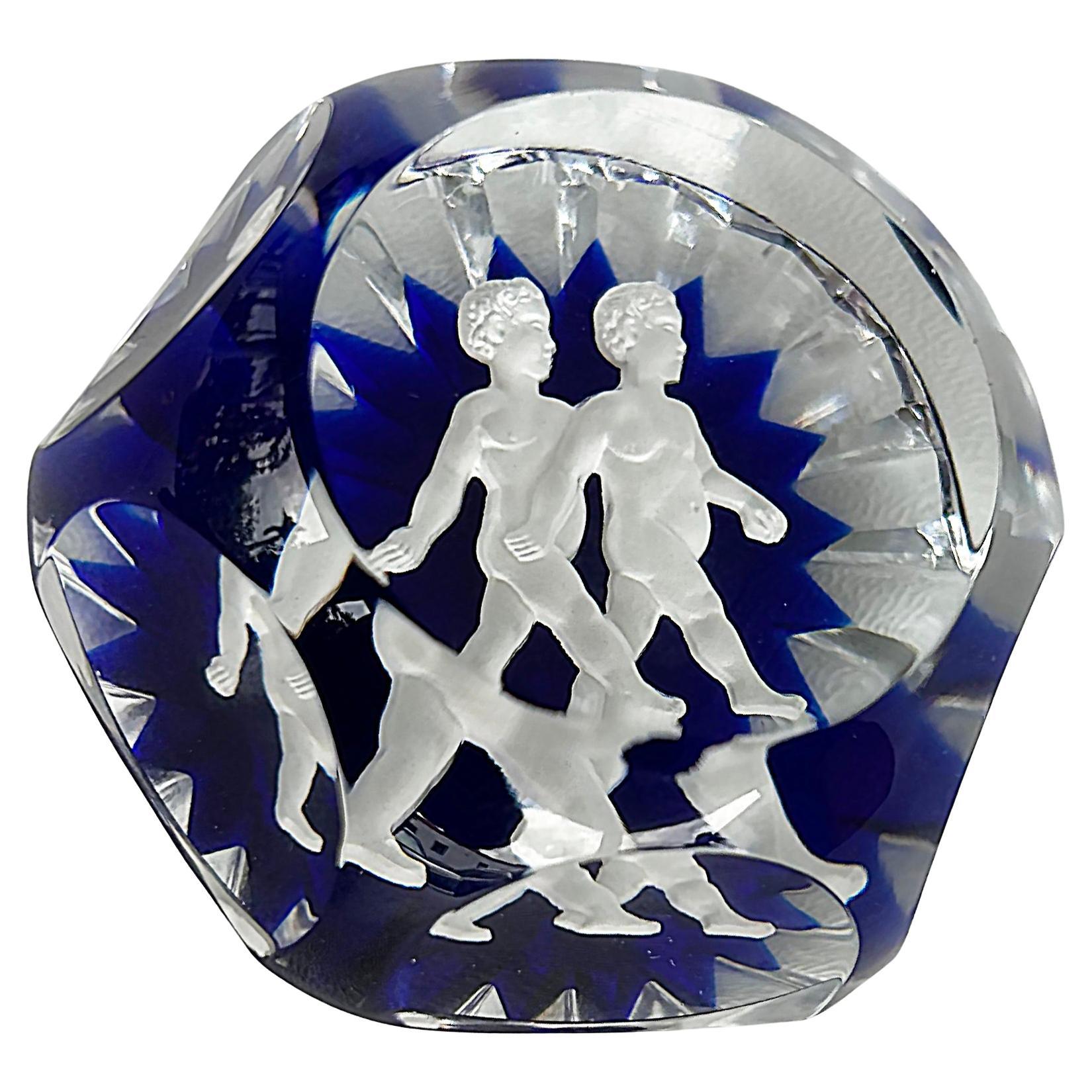 Baccarat Faceted Cobalt Sulphide Gemini Twins Paperweight, Cobalt, France For Sale