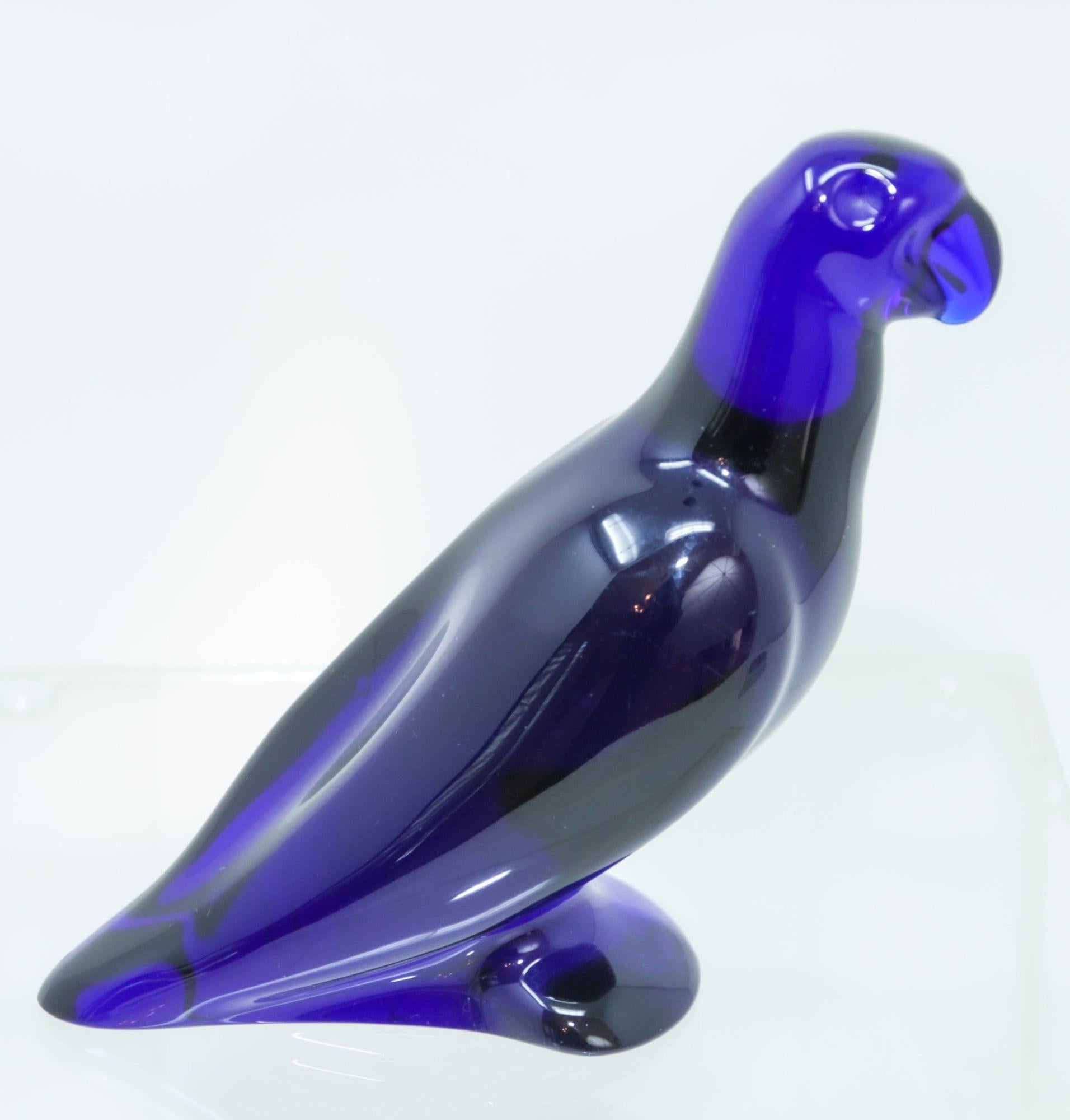 Modern Baccarat France Crystal Cobalt Blue Glass Parrot Paperweight For Sale