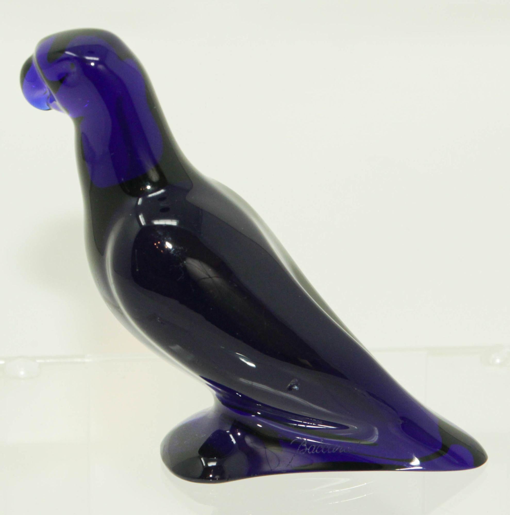 Hand-Carved Baccarat France Crystal Cobalt Blue Glass Parrot Paperweight For Sale