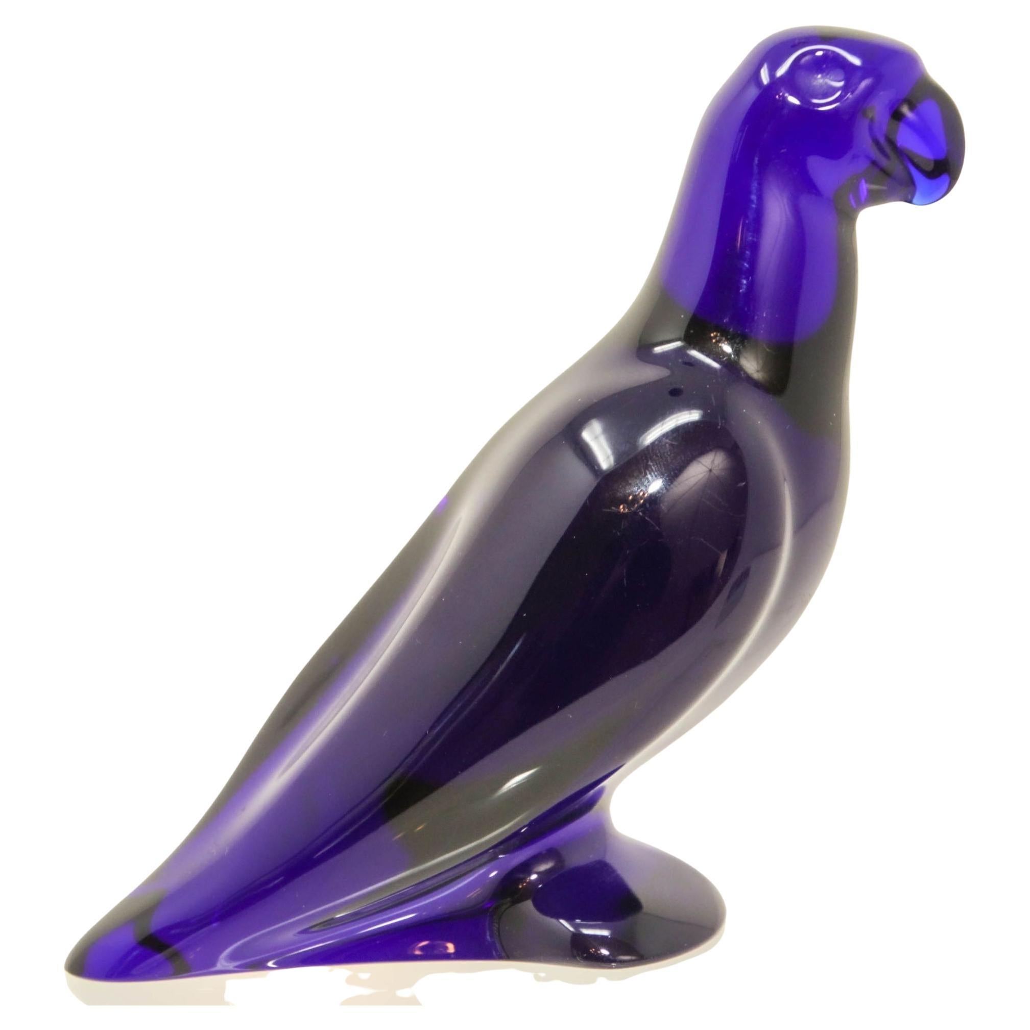 Baccarat France Crystal Cobalt Blue Glass Parrot Paperweight For Sale