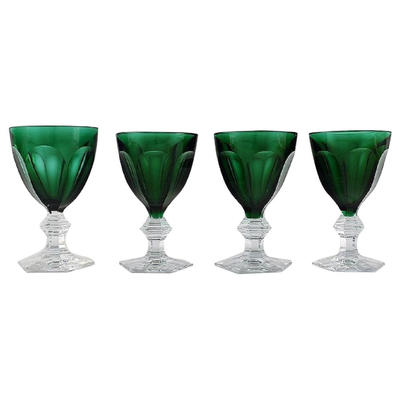 Baccarat, France, Four "Harcourt 1841" Wine Glasses in Crystal with Green Cuppa