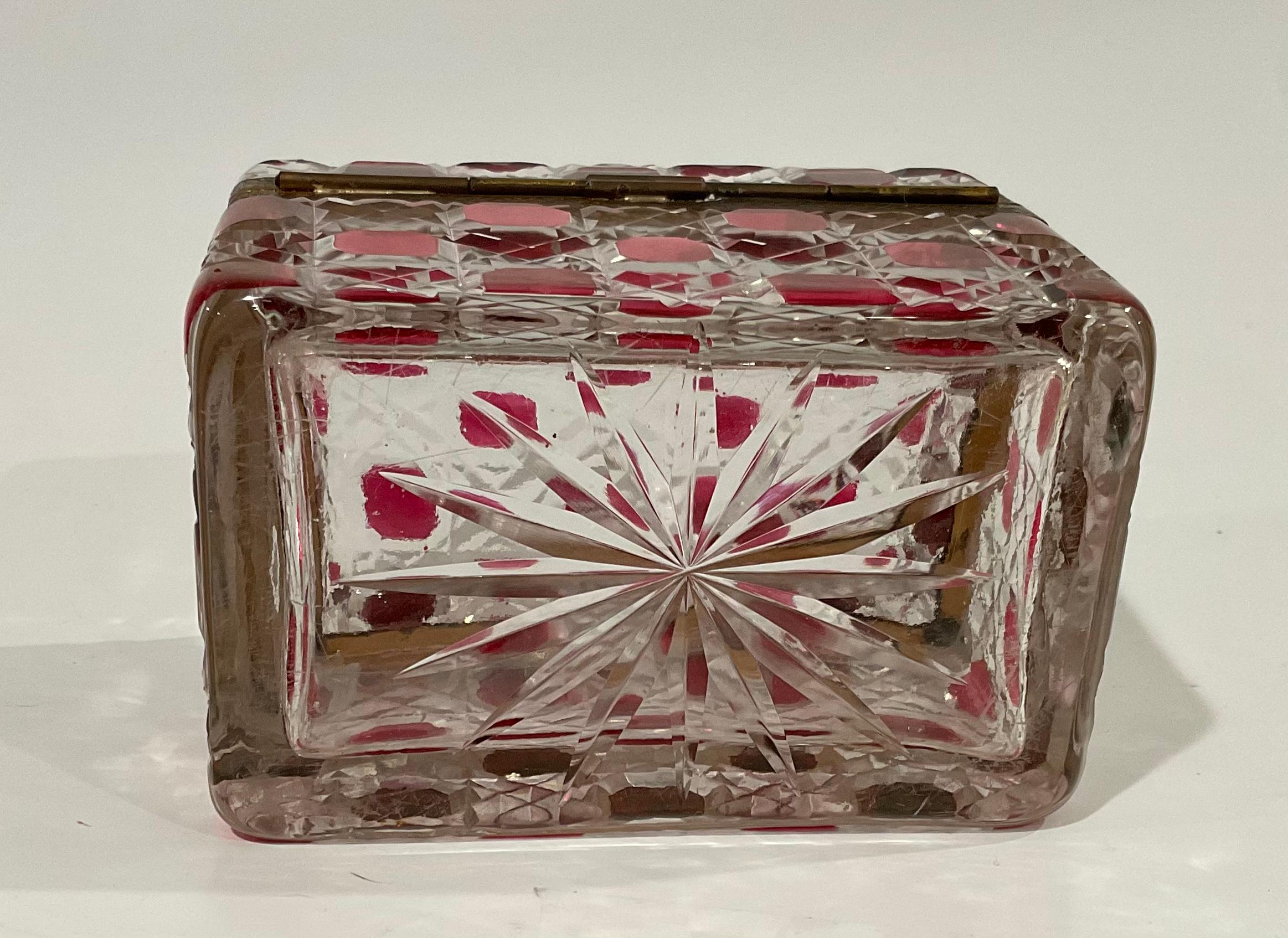 Early 20th Century Baccarat French Art Deco Red Geometric Cut Glass Decorative Box Hinged Lid