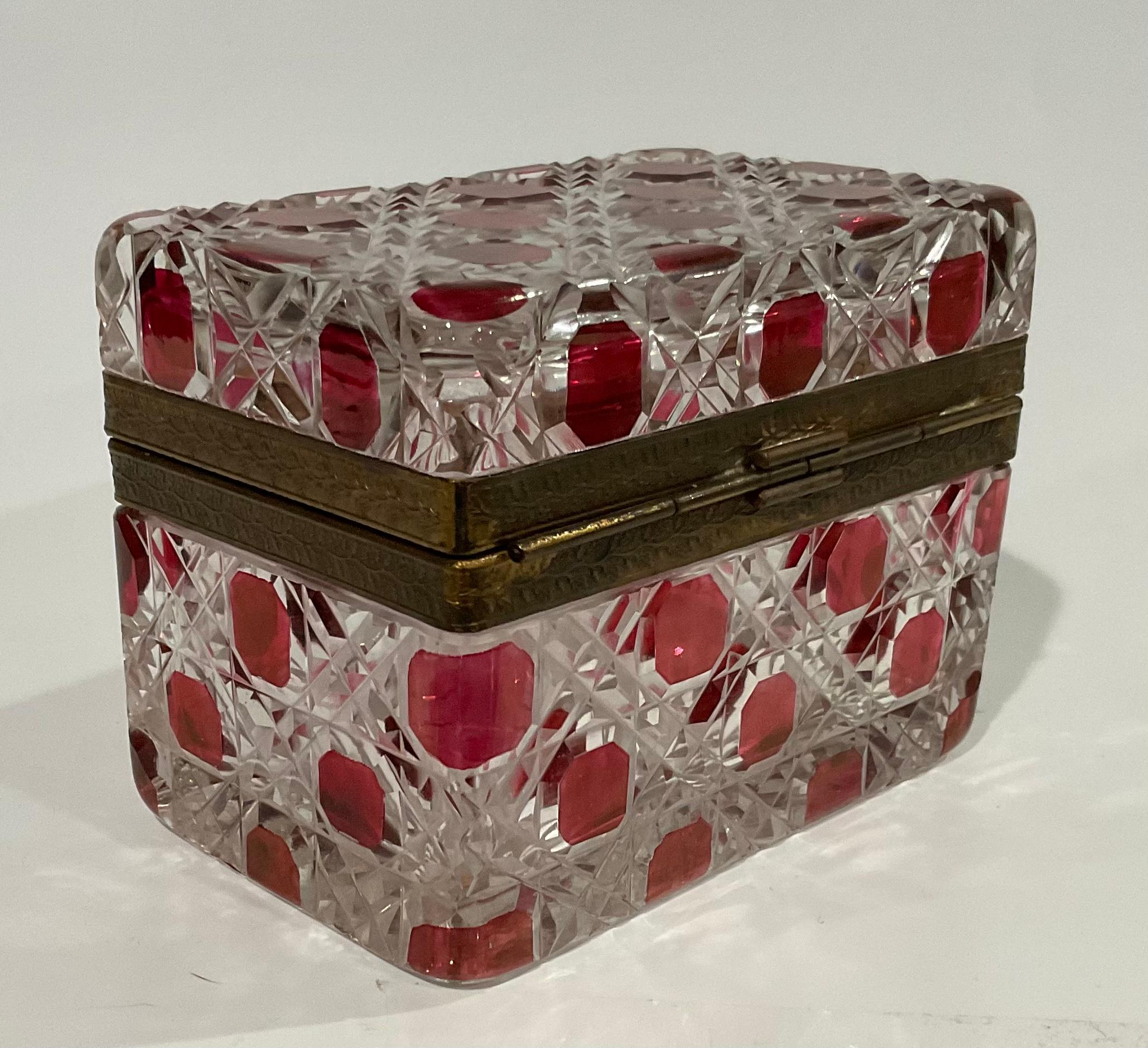 Art Glass Baccarat French Art Deco Red Geometric Cut Glass Decorative Box Hinged Lid