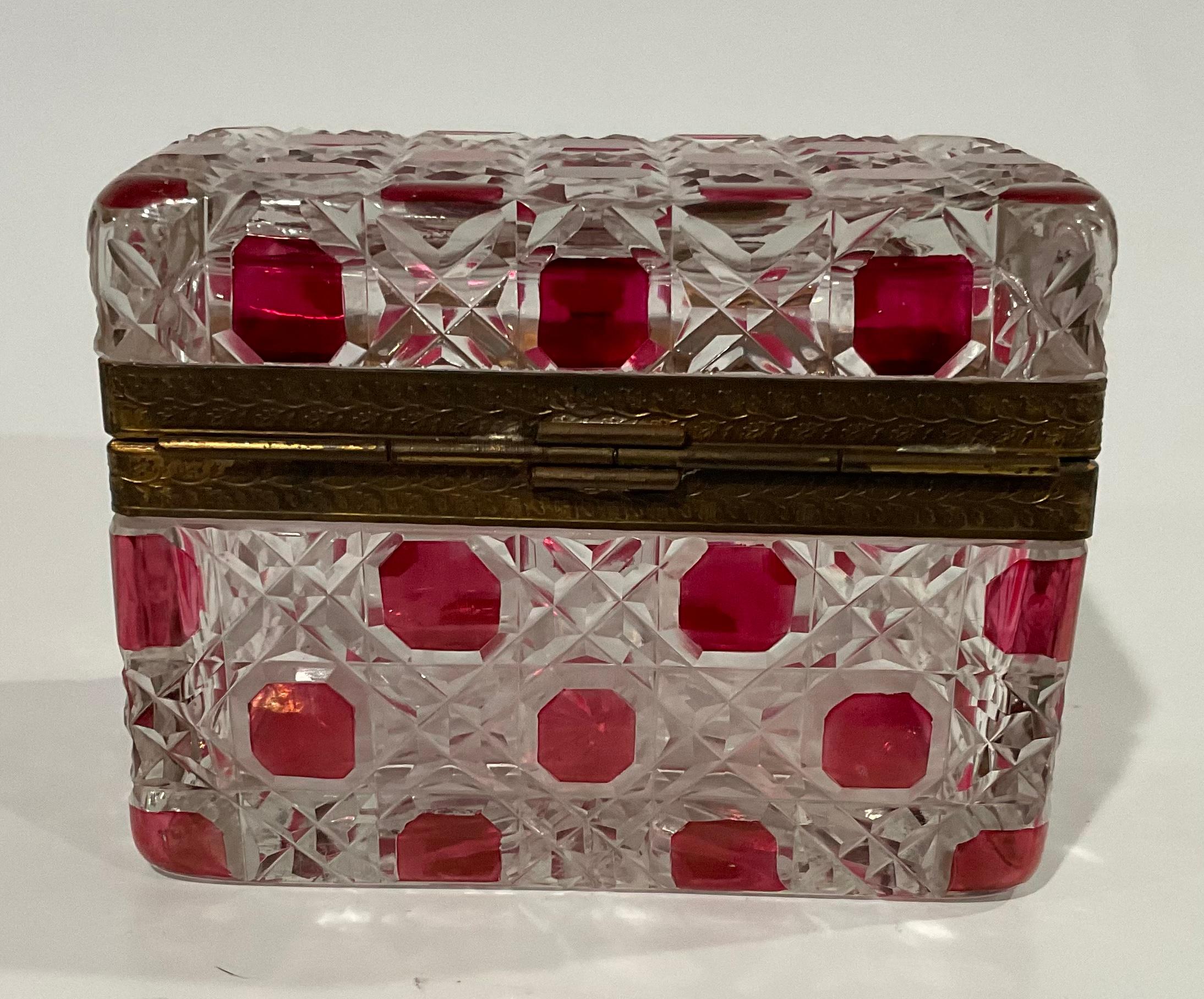 Baccarat French Art Deco Red Geometric Cut Glass Decorative Box Hinged Lid 1