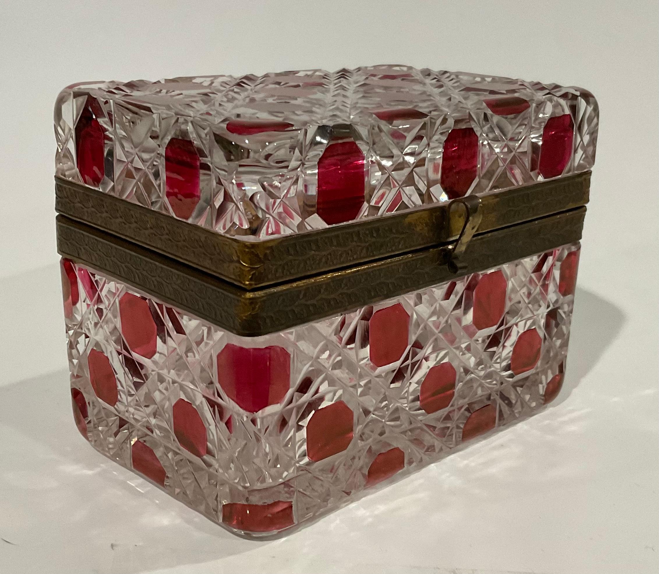 Baccarat French Art Deco Red Geometric Cut Glass Decorative Box Hinged Lid 2