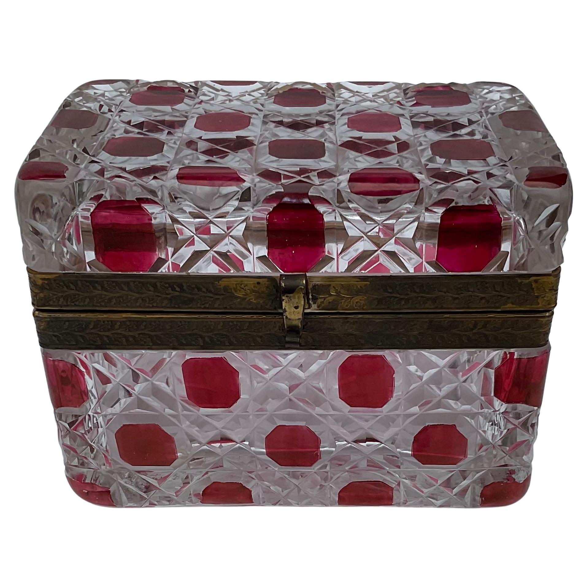 Baccarat French Art Deco Red Geometric Cut Glass Decorative Box Hinged Lid