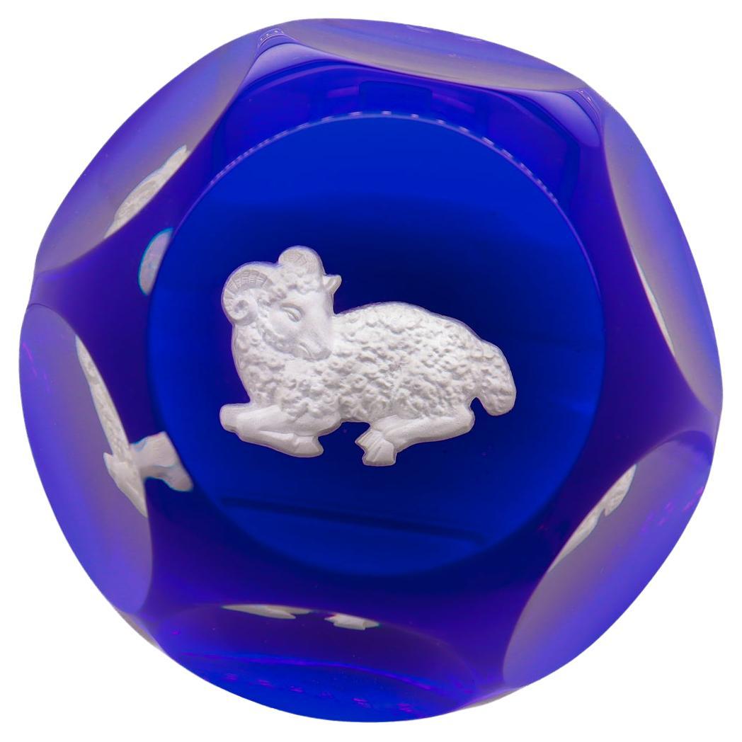 Baccarat French Art Glass Zodiac Paperweight Aries Ram Sulfide on Cobalt Blue For Sale
