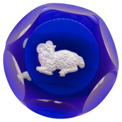Vintage Baccarat French Art Glass Zodiac Paperweight Aries Ram Sulfide on Cobalt Blue