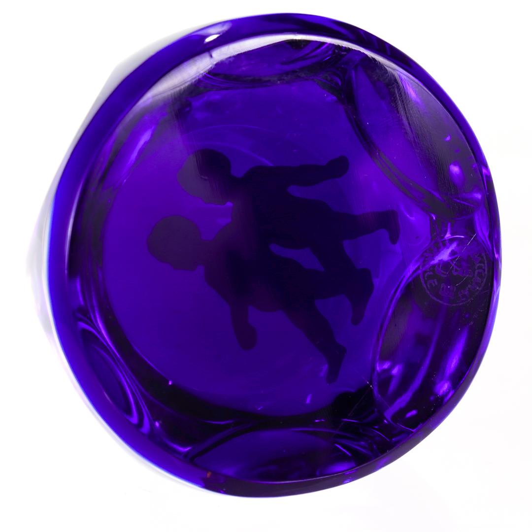 Baccarat French Art Glass Zodiac Paperweight Gemini Twins Sulfide On Cobalt Blue 6