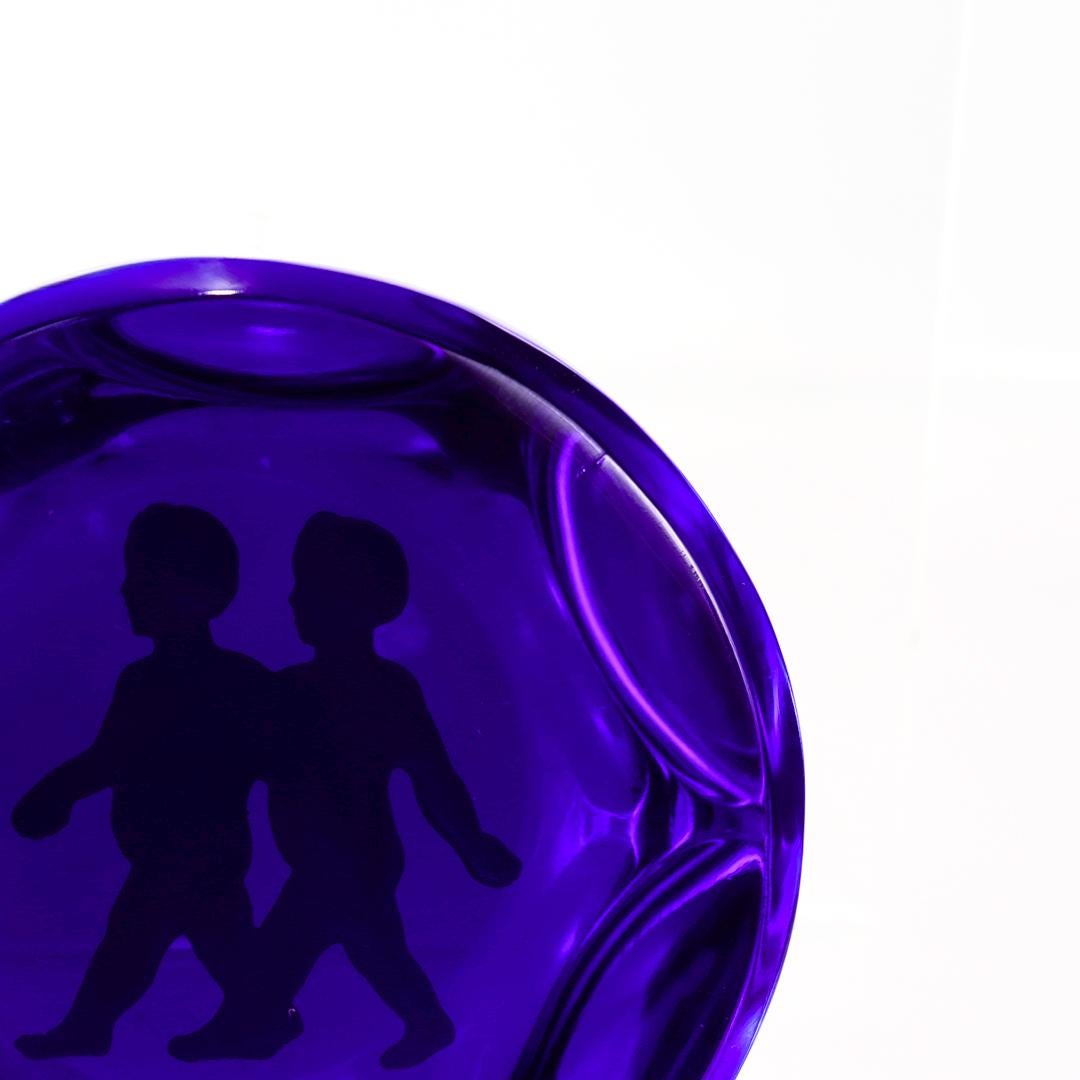 Baccarat French Art Glass Zodiac Paperweight Gemini Twins Sulfide On Cobalt Blue 8