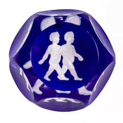 Baccarat French Art Glass Zodiac Paperweight Gemini Twins Sulfide On Cobalt Blue