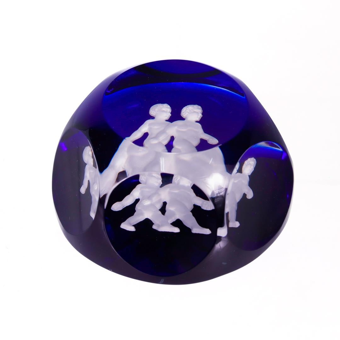 Modern Baccarat French Art Glass Zodiac Paperweight Gemini Twins Sulfide On Cobalt Blue