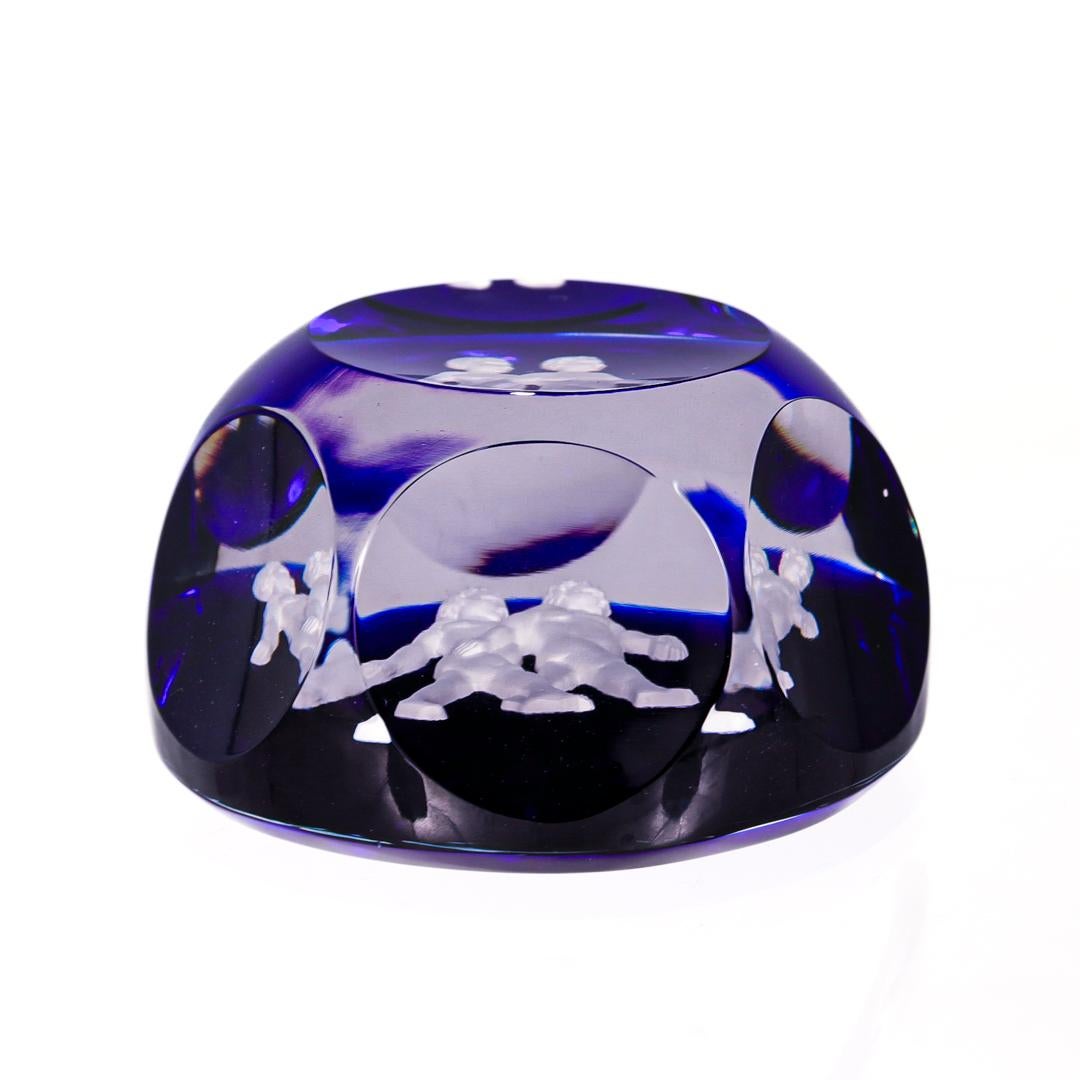 20th Century Baccarat French Art Glass Zodiac Paperweight Gemini Twins Sulfide On Cobalt Blue