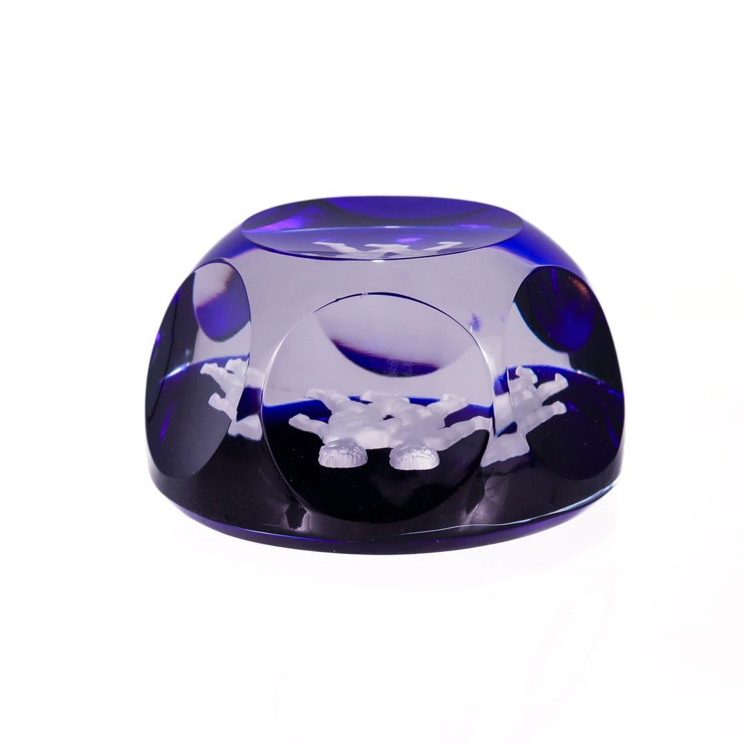 Baccarat French Art Glass Zodiac Paperweight Gemini Twins Sulfide On Cobalt Blue 2