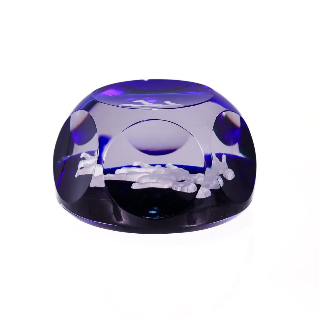Baccarat French Art Glass Zodiac Paperweight Gemini Twins Sulfide On Cobalt Blue 3