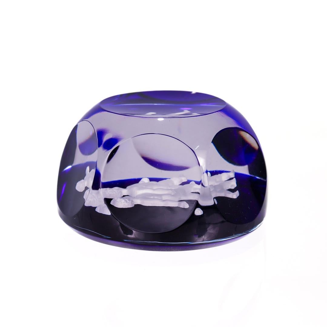 Baccarat French Art Glass Zodiac Paperweight Gemini Twins Sulfide On Cobalt Blue 4