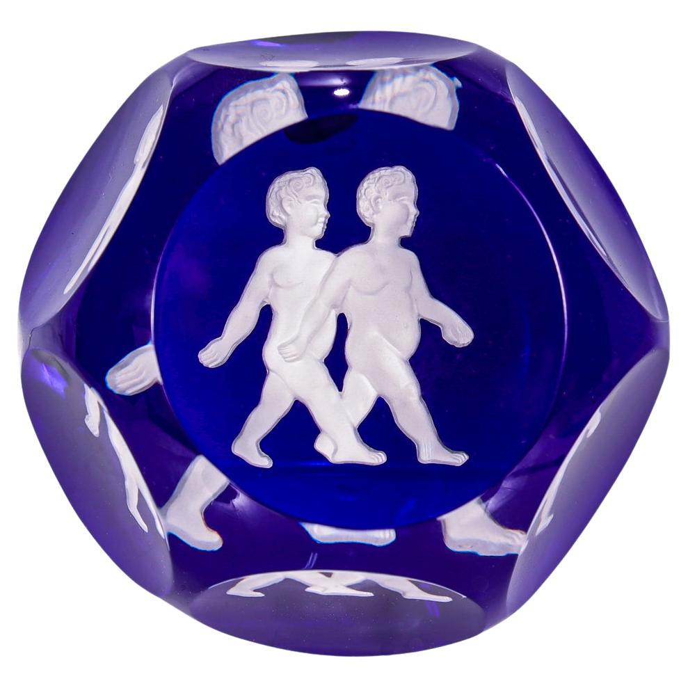 Baccarat French Art Glass Zodiac Paperweight Gemini Twins Sulfide On Cobalt Blue
