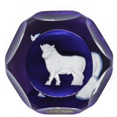 Baccarat French Art Glass Zodiac Paperweight Taurus Bull Sulfide on Cobalt Blue
