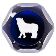 Baccarat French Art Glass Zodiac Paperweight Taurus Bull Sulfide on Cobalt Blue