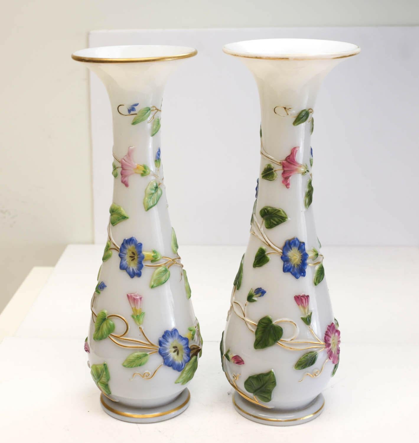 European Baccarat French Opaline Enamel Hand Painted Glass Vases For Sale