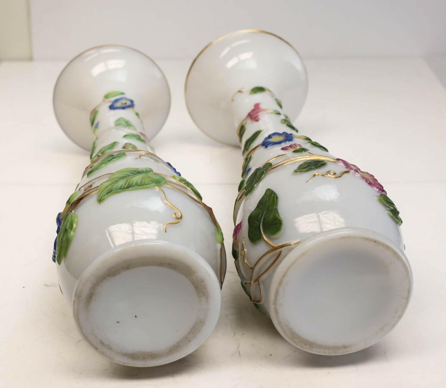 Baccarat French Opaline Enamel Hand Painted Glass Vases In Good Condition For Sale In Pasadena, CA