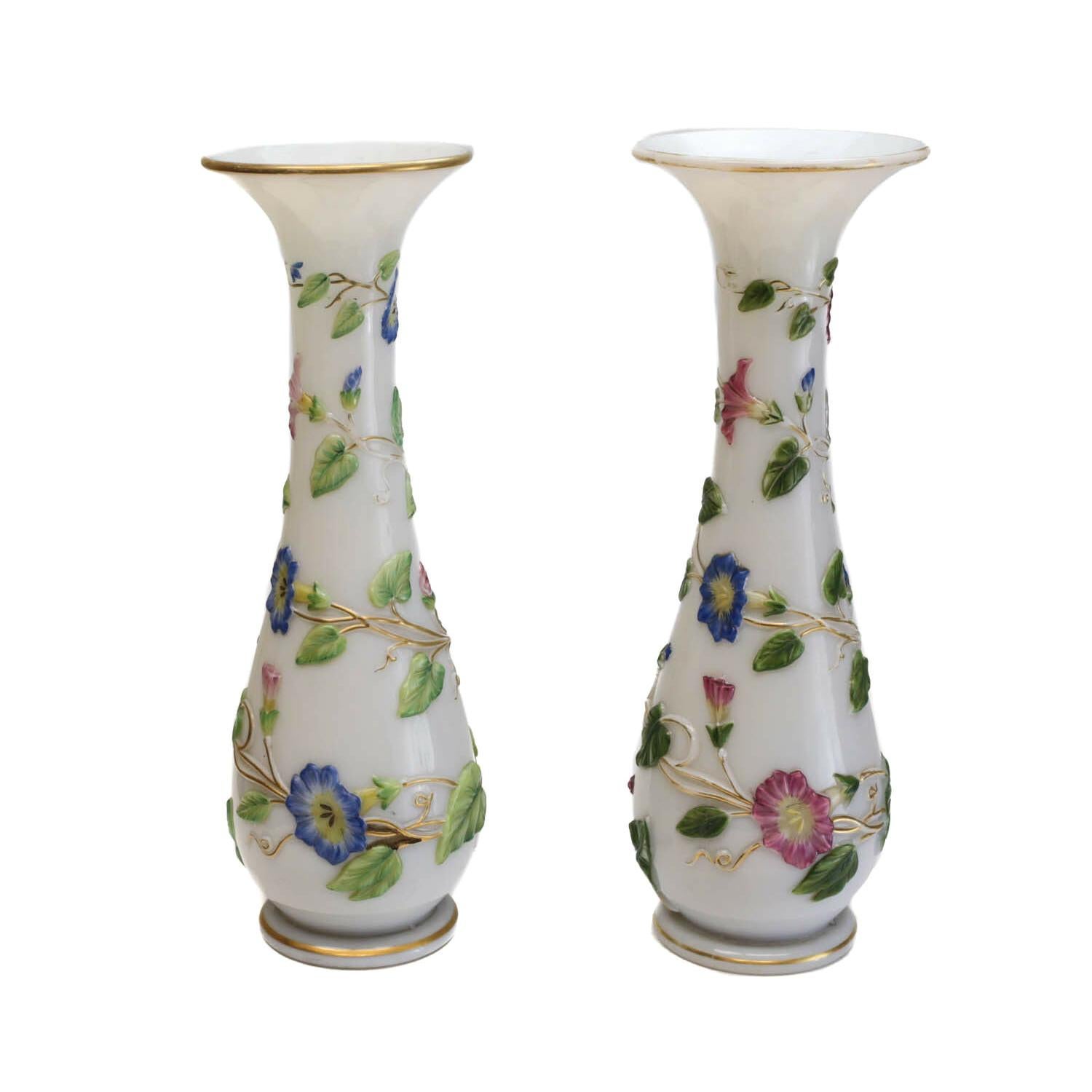 Baccarat French Opaline Enamel Hand Painted Glass Vases For Sale
