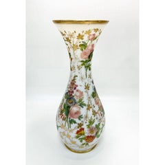 Baccarat French White Opaline Glass Hand Painted Floral Vase, circa 1900