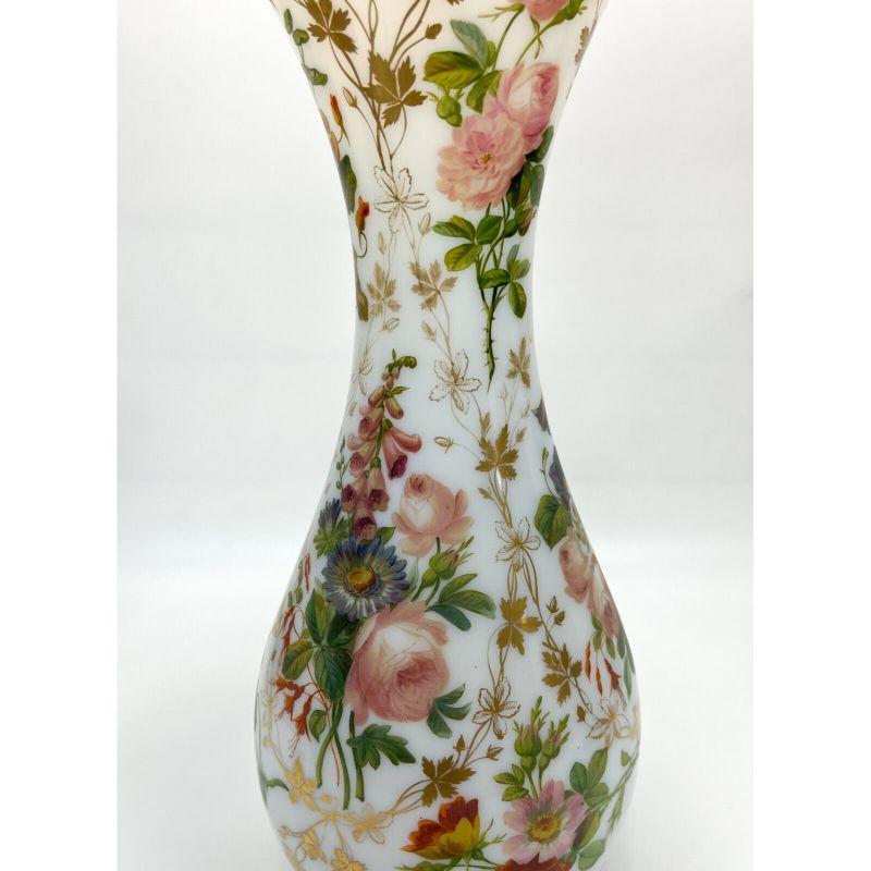 Hand-Painted Baccarat French White Opaline Glass Hand Painted Floral Vase, circa 1900 For Sale