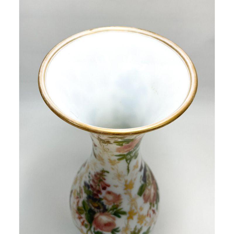 Baccarat French White Opaline Glass Hand Painted Floral Vase, circa 1900 In Good Condition For Sale In Gardena, CA